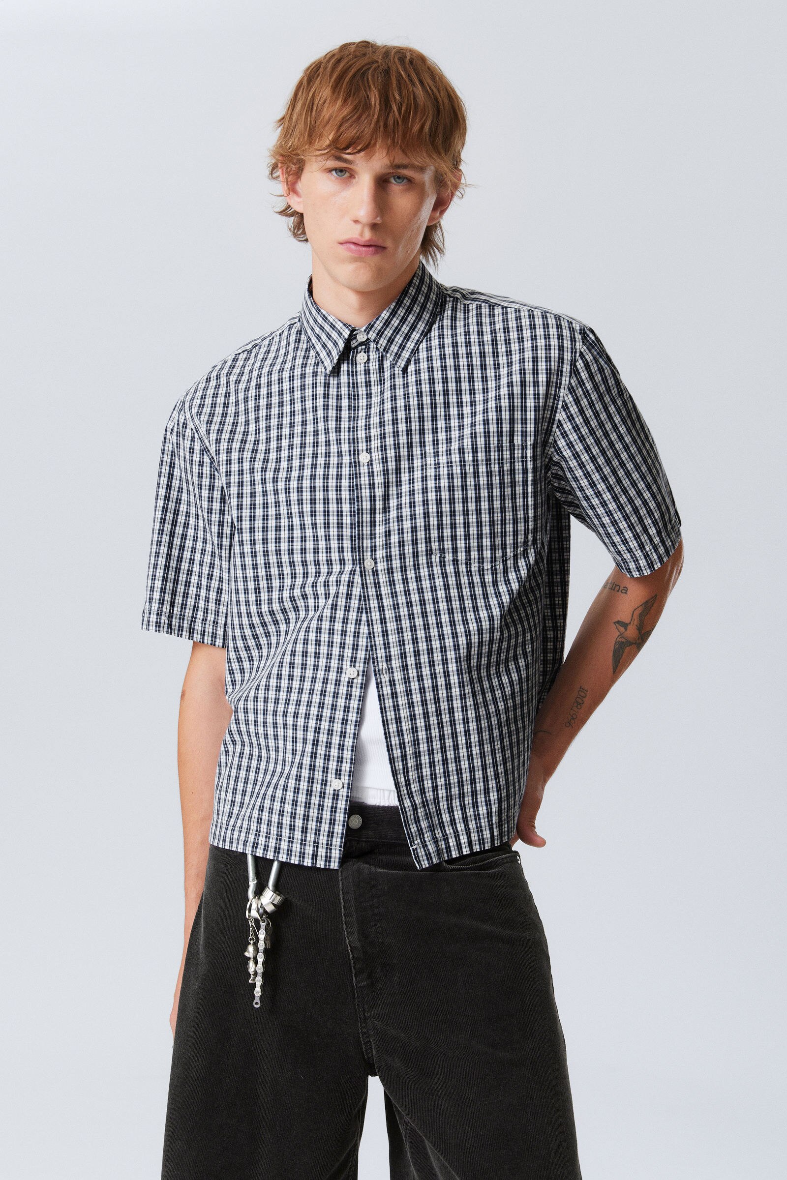 relaxed fit short-sleeved cotton shirt - Checked Blue