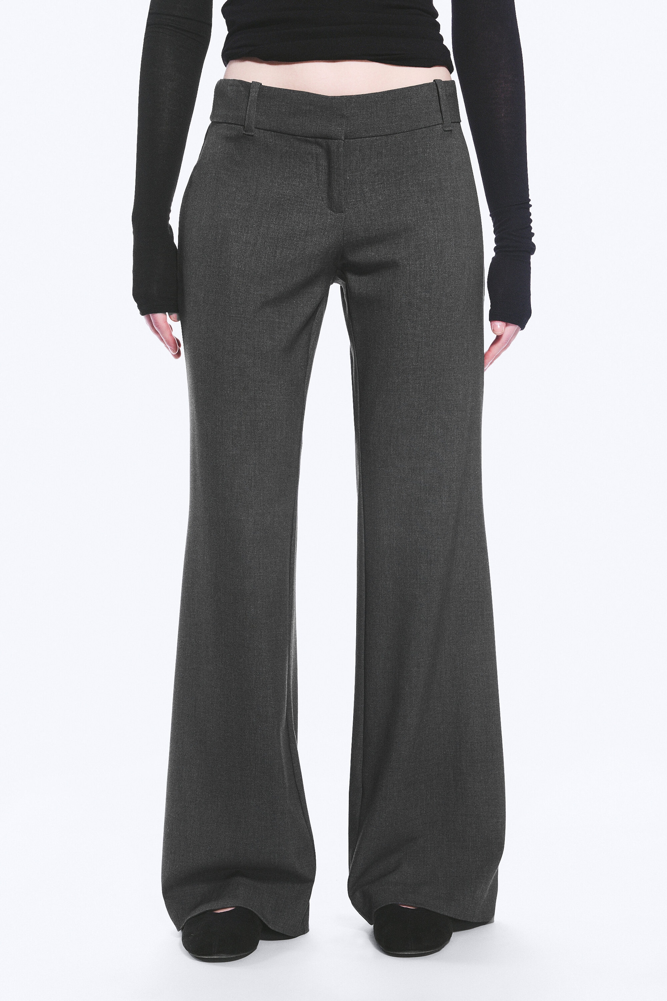 Dark Grey Melange - Low-Rise Flared Suiting Trousers - 5