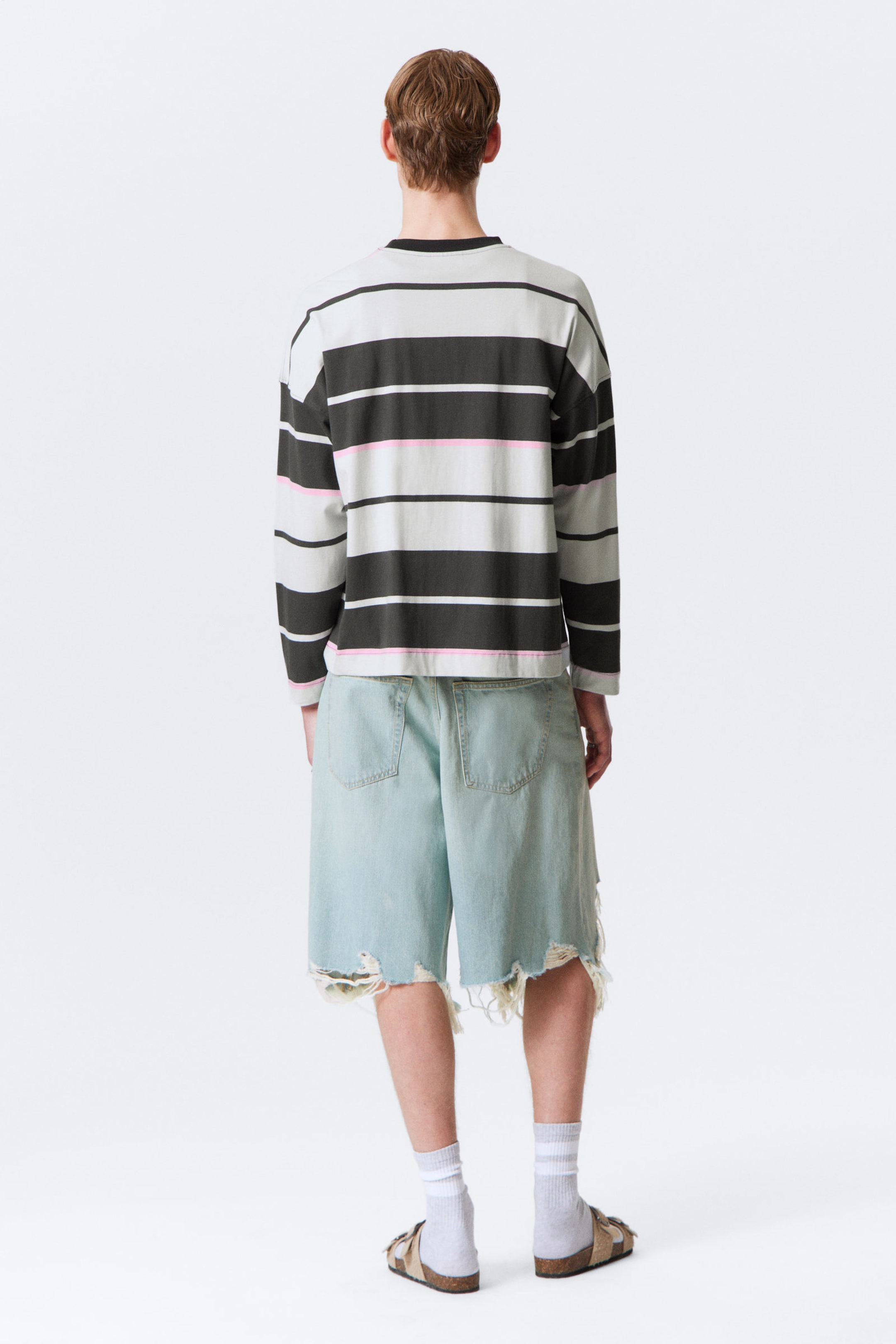 Grey & Pink Stripe - Square Long-Sleeved Cotton T-shirt - 2