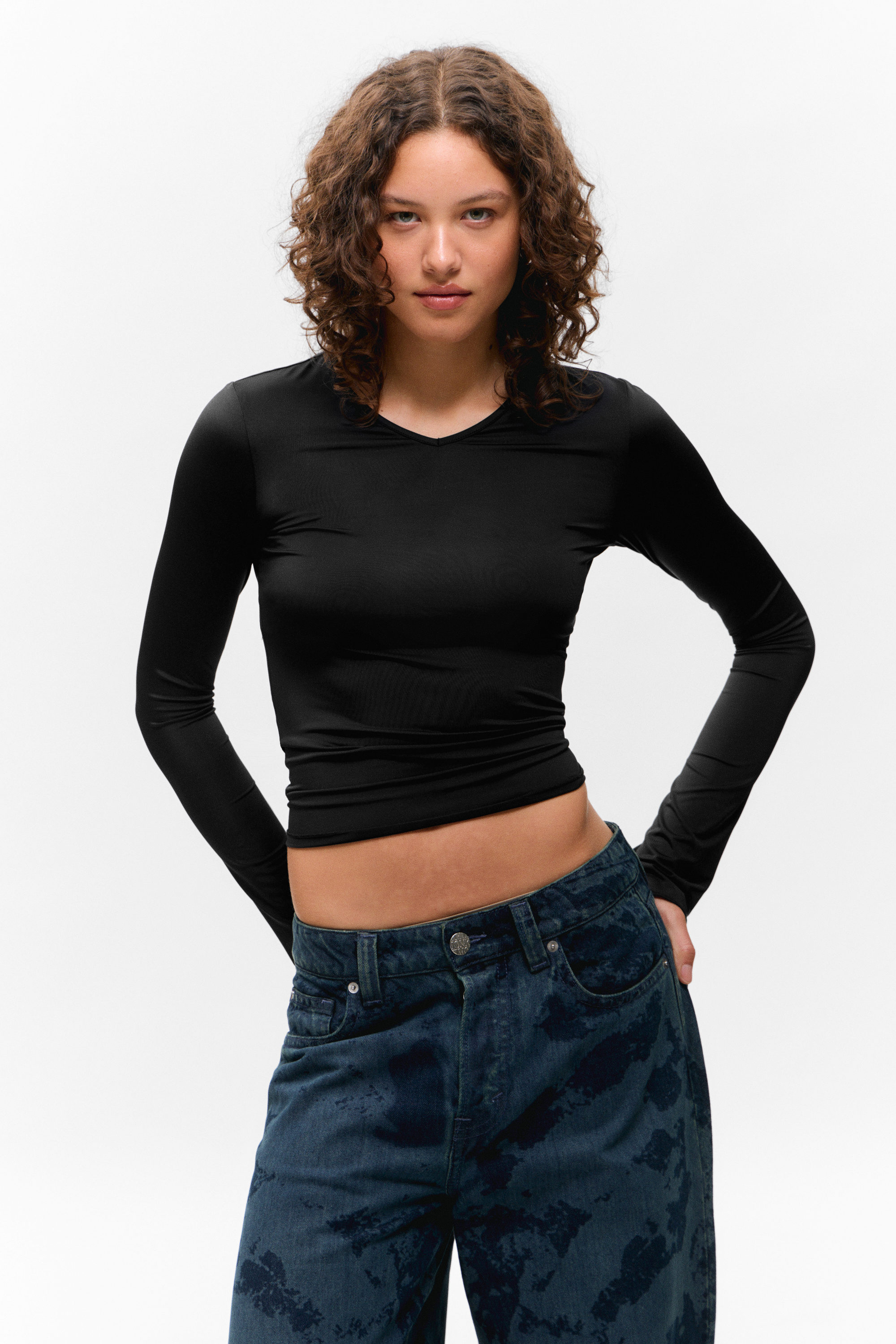Black - Long-Sleeved V-Neck Top - 1