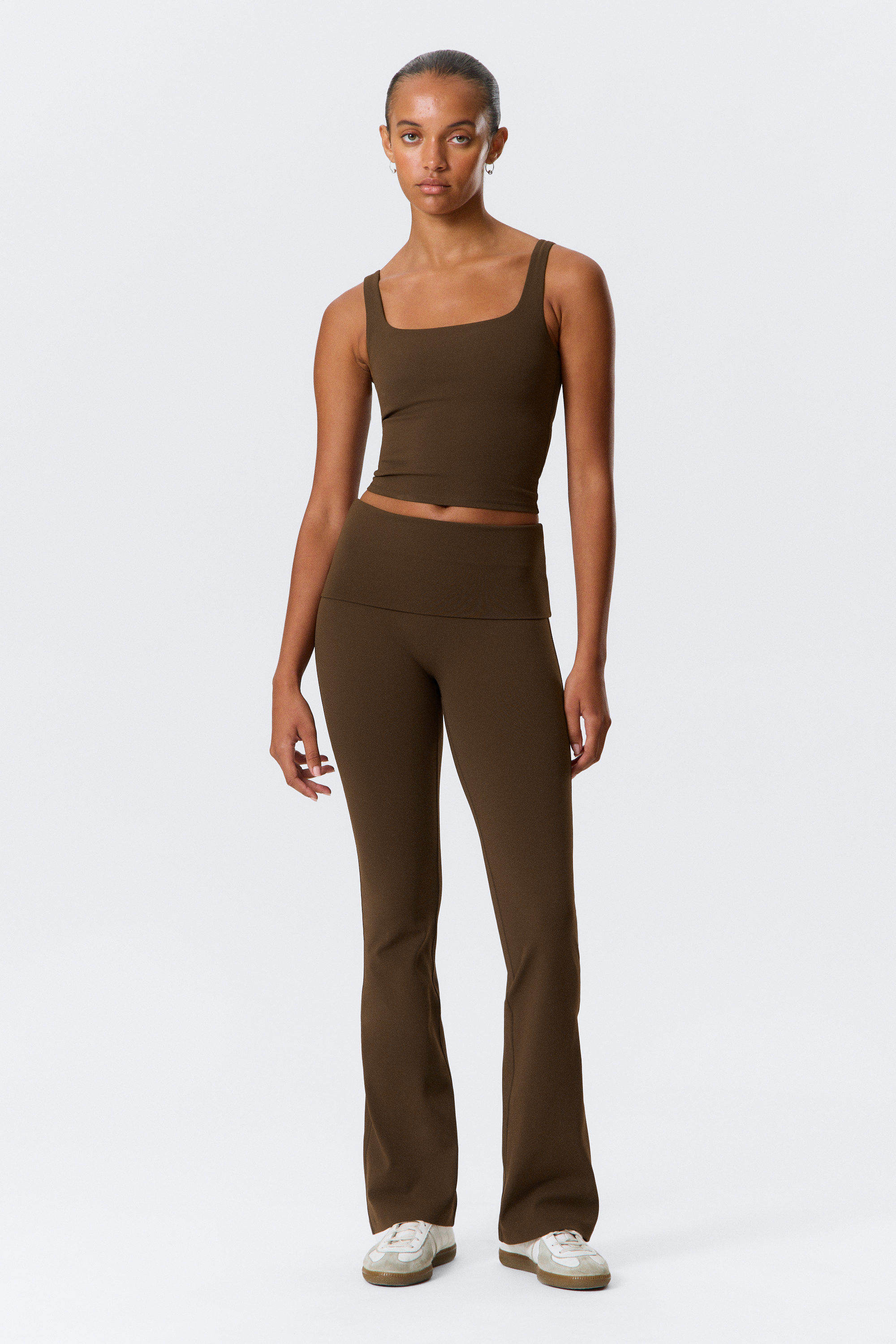 Dark Brown - Folded Waist Flared Yoga Tights - 1