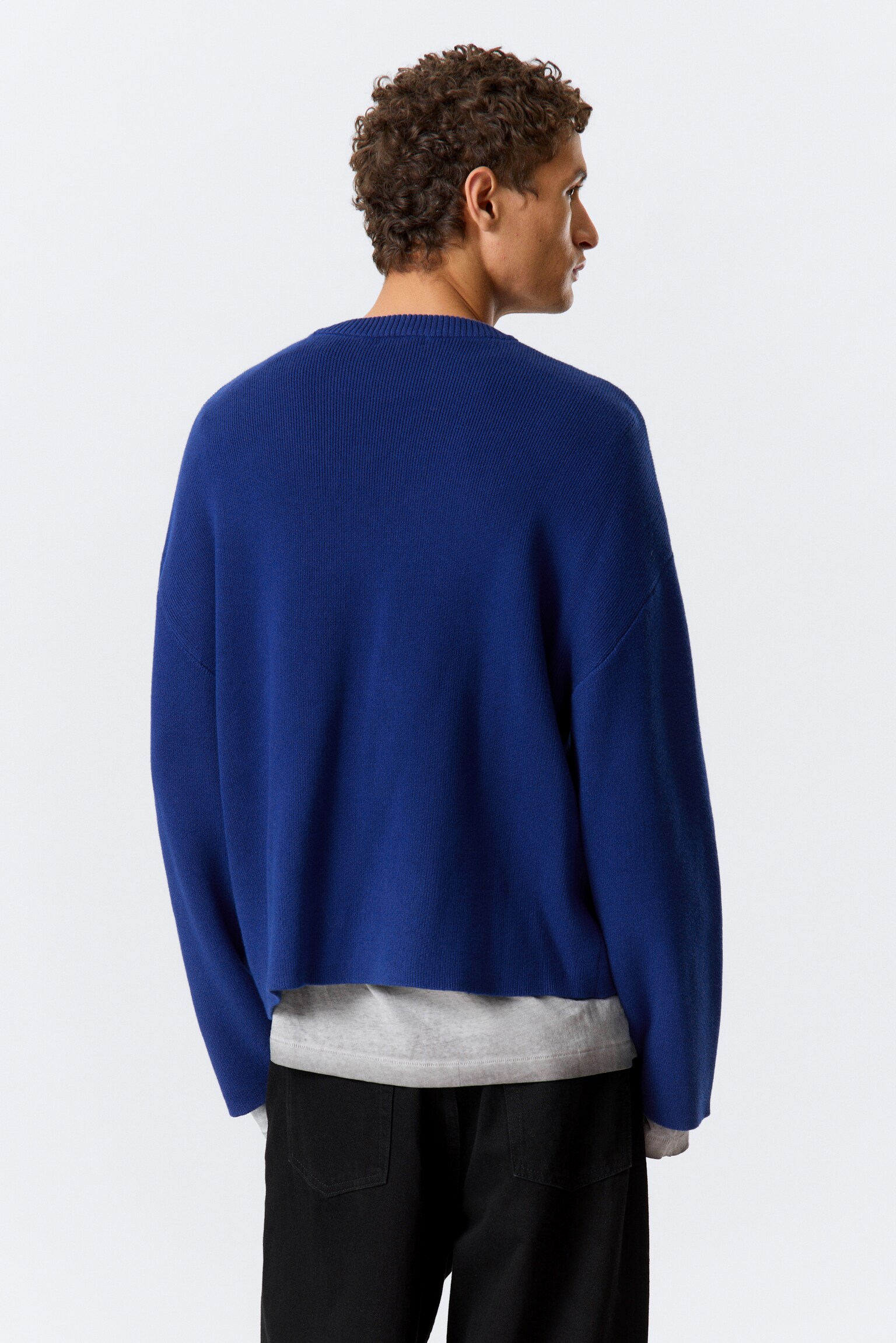 Boxy Knitted Cotton Sweater - Bright Blue/Dark Brown/Dark Navy Blue - 3