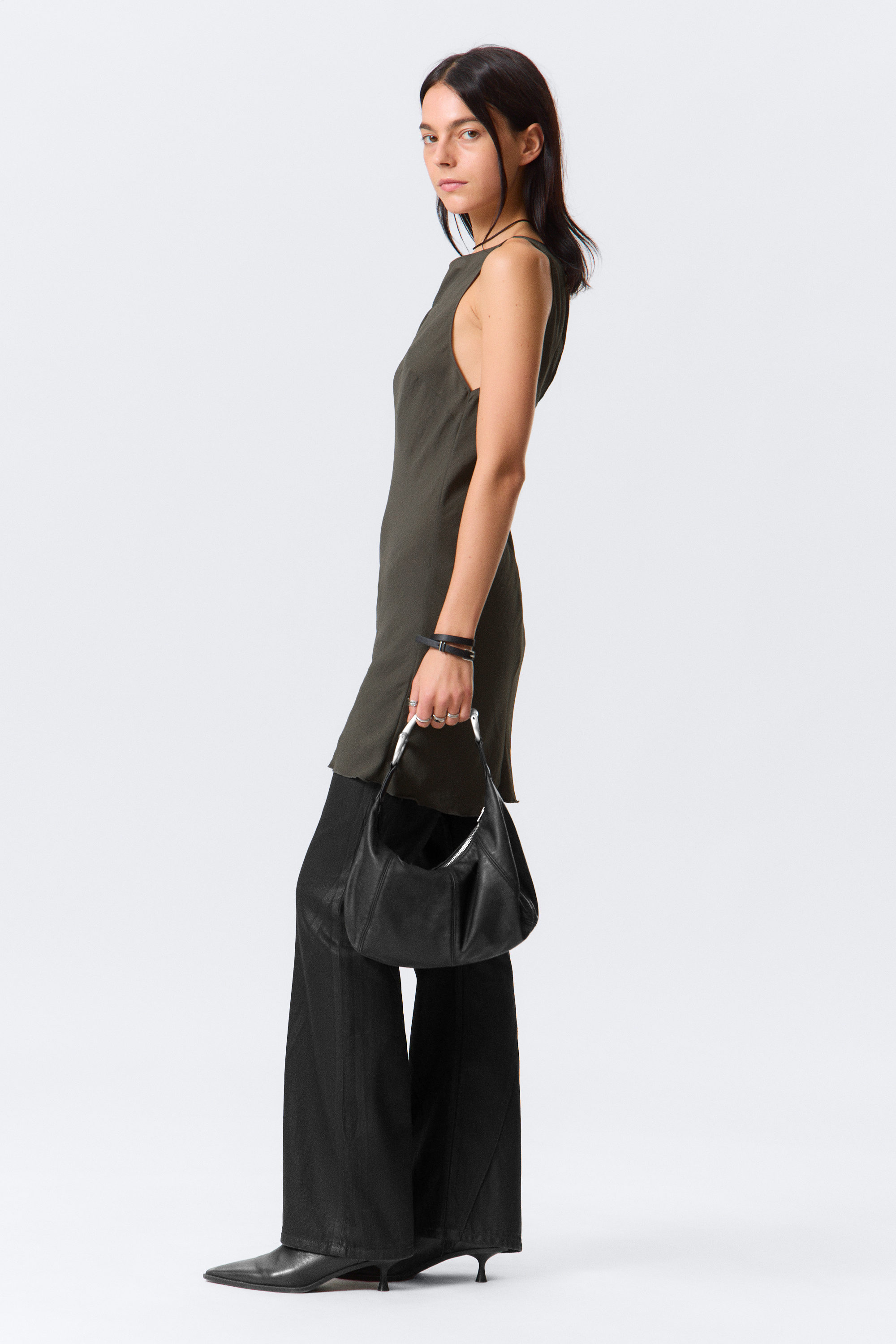 Dark Grey - Sheer Sleeveless Boat-Neck Mini Dress - 2