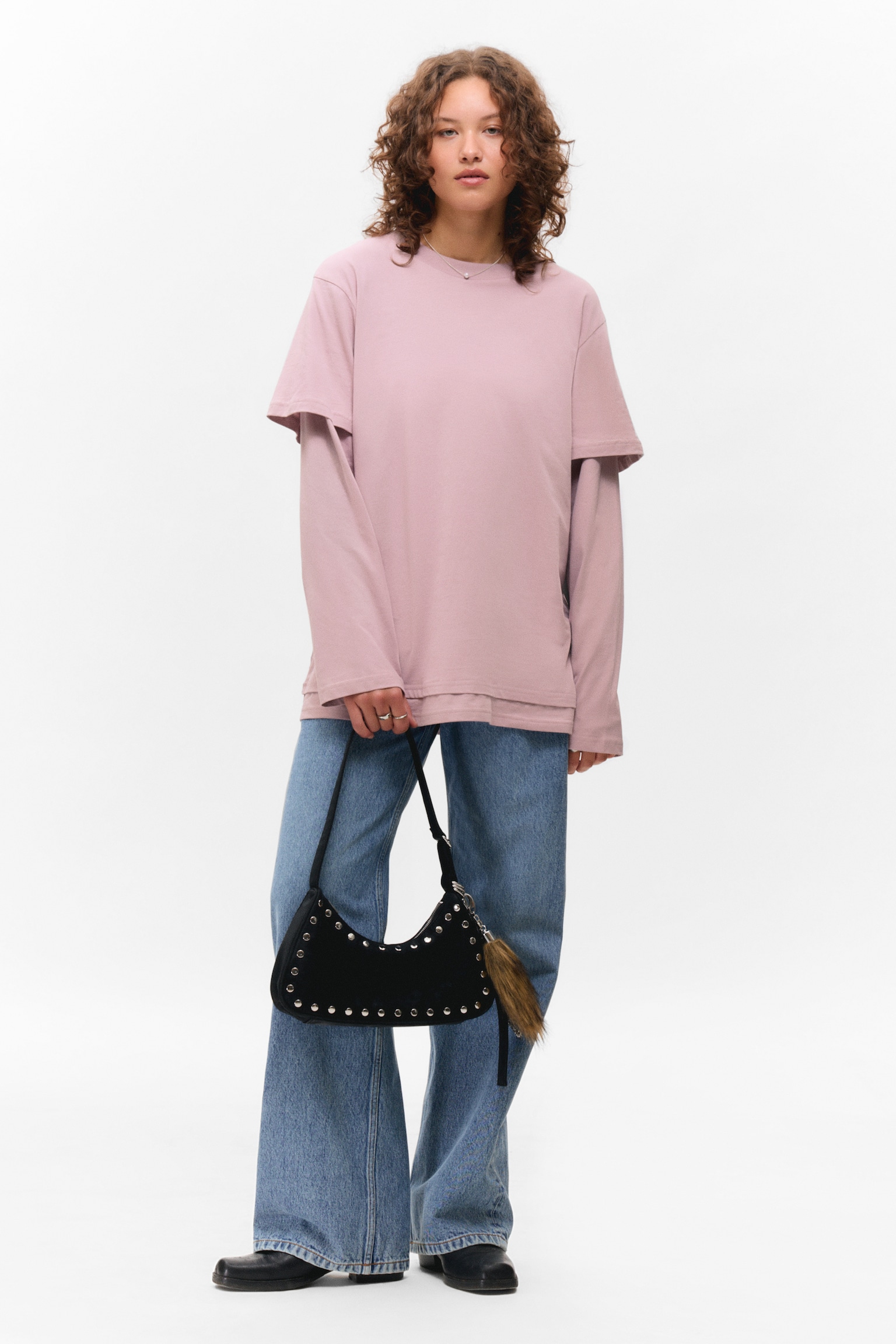 Layered Long-Sleeved Cotton T-shirt - Light Dusty Pink/Bright Red - 3