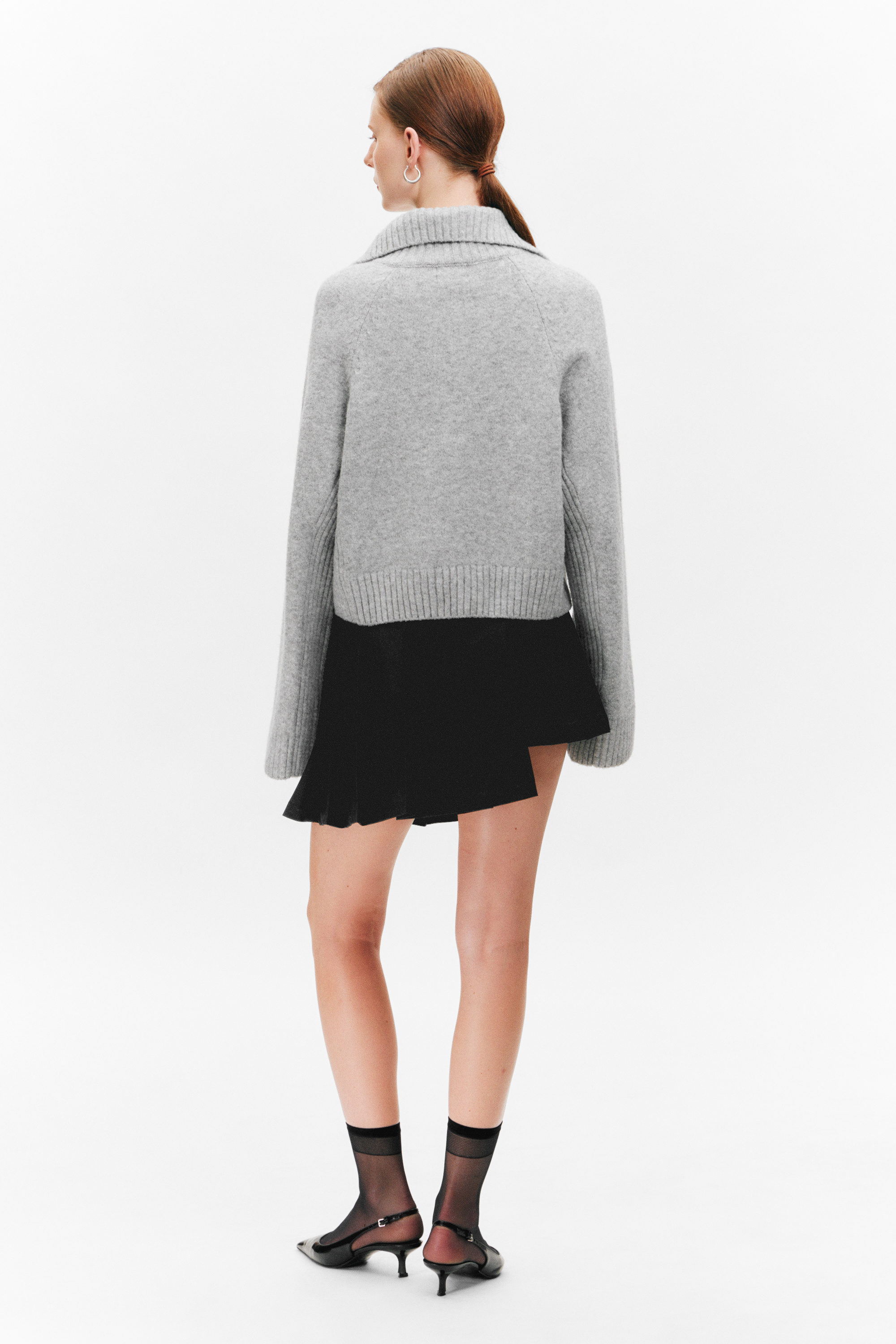 Dusty Light Grey Melange - Short Half-Zip Knitted Sweater - 2