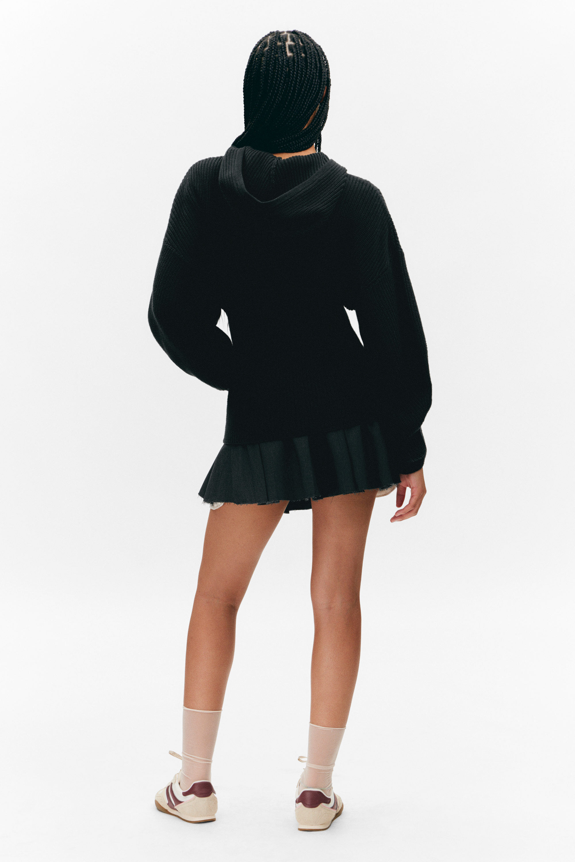 Schwarz - Langer Strickhoodie mit Reißverschluss - 3