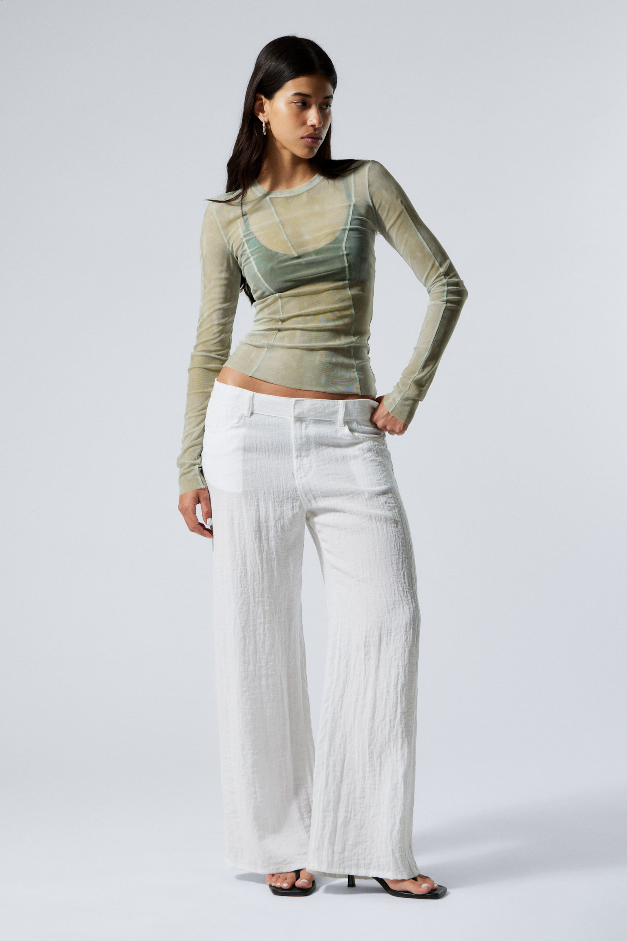 Bleached Sand- Staubiges Beige - Langärmeliges durchsichtiges Mesh-Top - 2