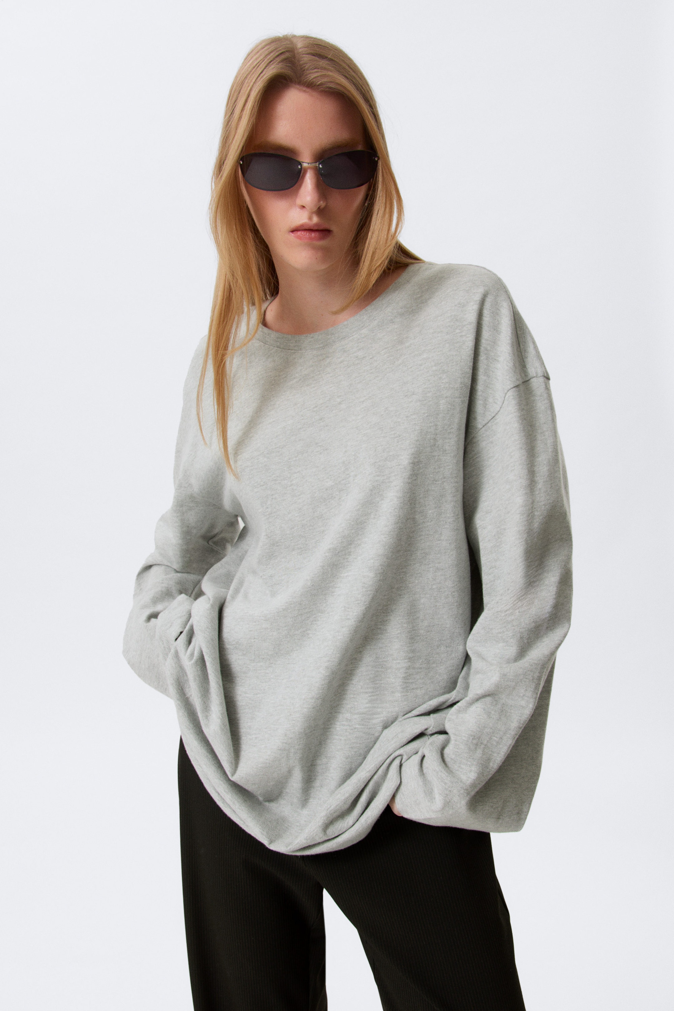 Grey Melange - Oversized Long-Sleeved T-shirt Dress - 2