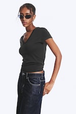 Dark Grey - Slim Fit Deep V-Neck T-Shirt - 0