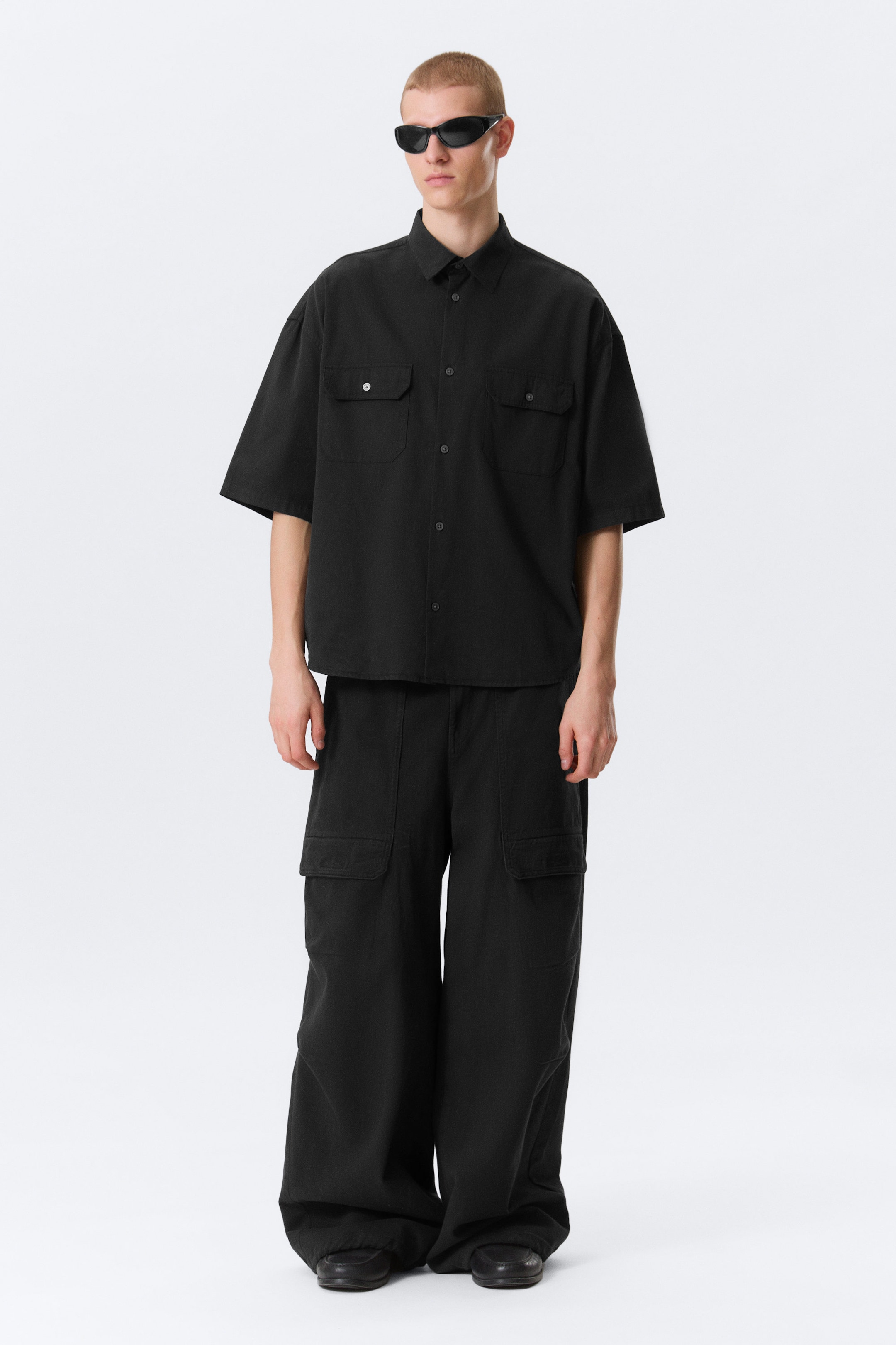 Black - Boxy Short-Sleeved Cotton Shirt - 2