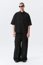 Zwart - Boxy katoenen overhemd met korte mouwen - 1