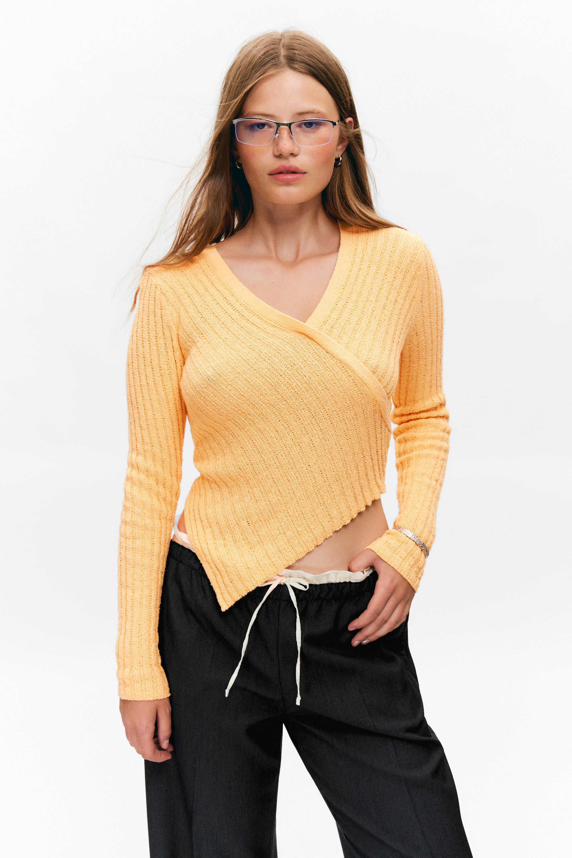 Yellow - Knitted Wrap-shaped Asymmetric V-neck Sweater - 2