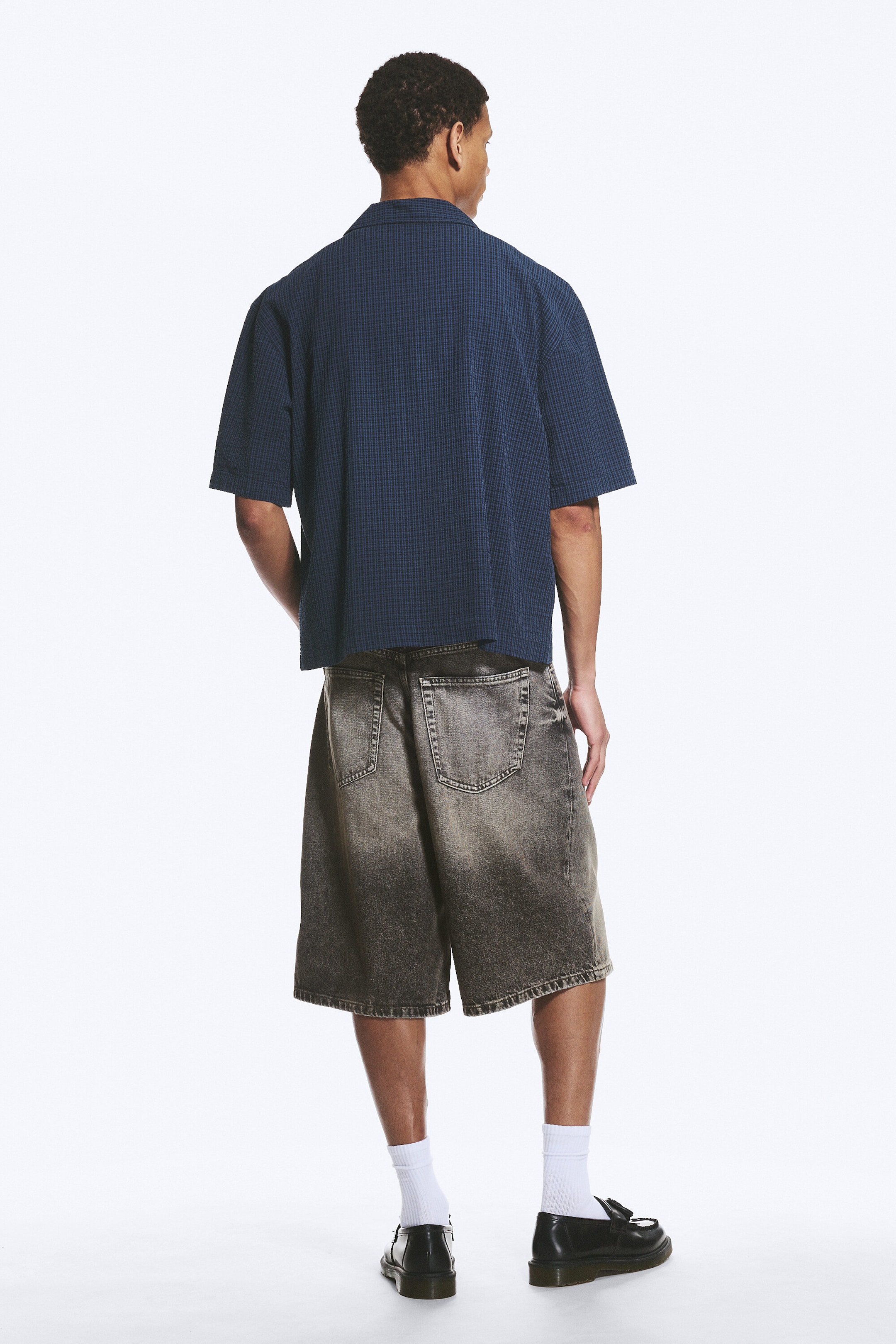 Checked Dark Blue - Loose Short-Sleeved Resort Shirt - 2