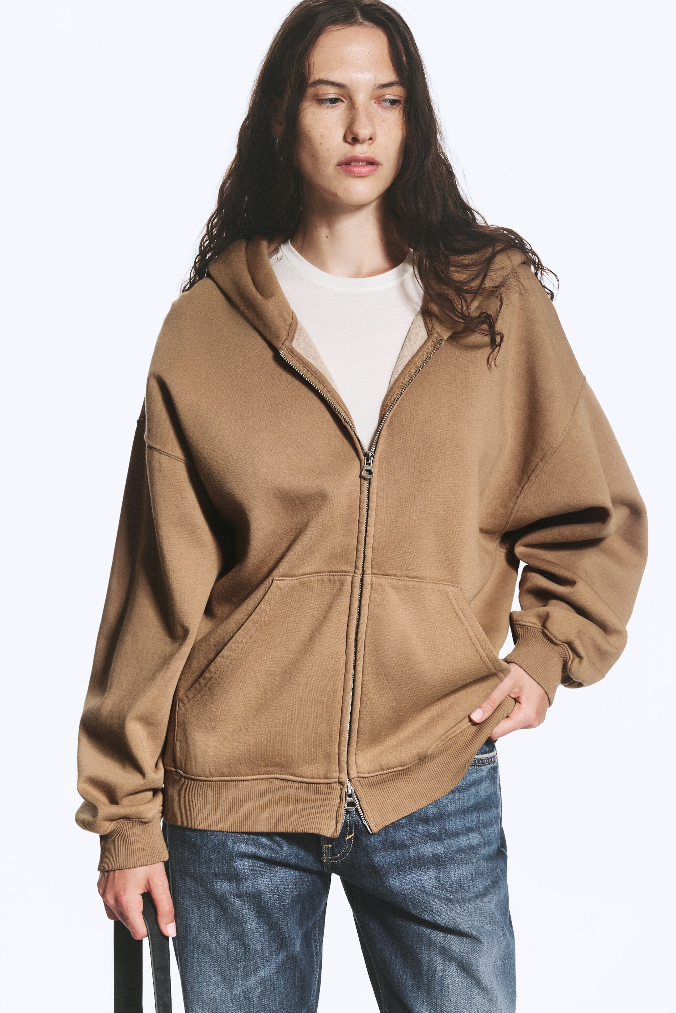 Donkerbeige - Oversized hoodie van zware kwaliteit met rits - 1