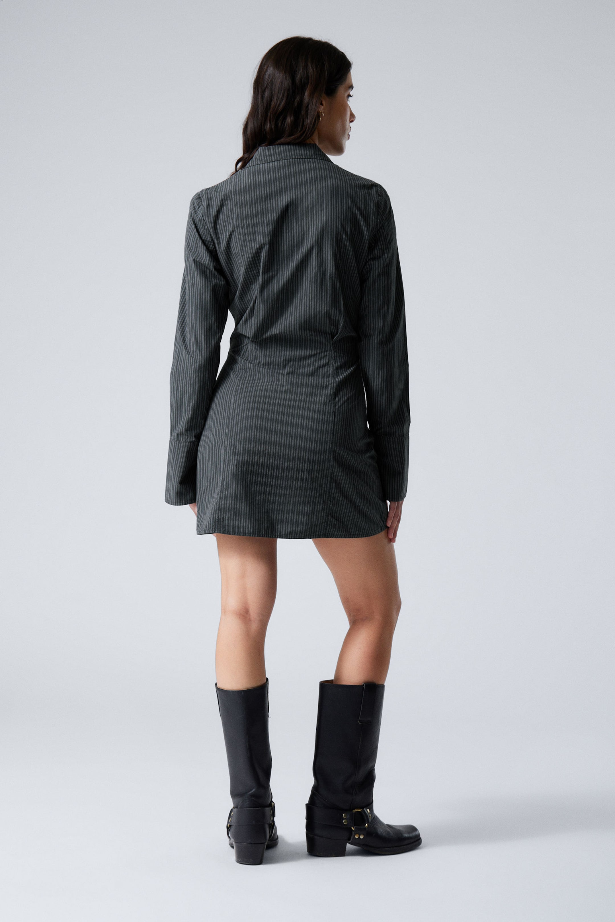 Pinstriped Dark Grey - Long-Sleeved Asymmetric Mini Shirt Dress - 2