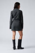 Pinstriped Dark Grey - Long-Sleeved Asymmetric Mini Shirt Dress - 2