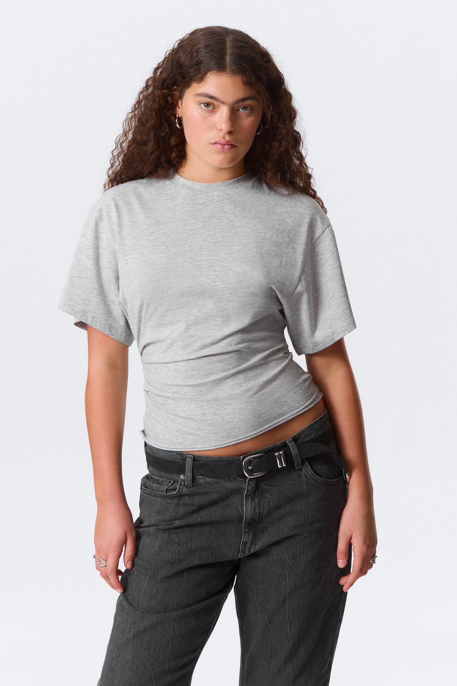 CAMISETA AJUSTADA CON DRAPEADOS - Gris jaspeado/Negro/Blanco