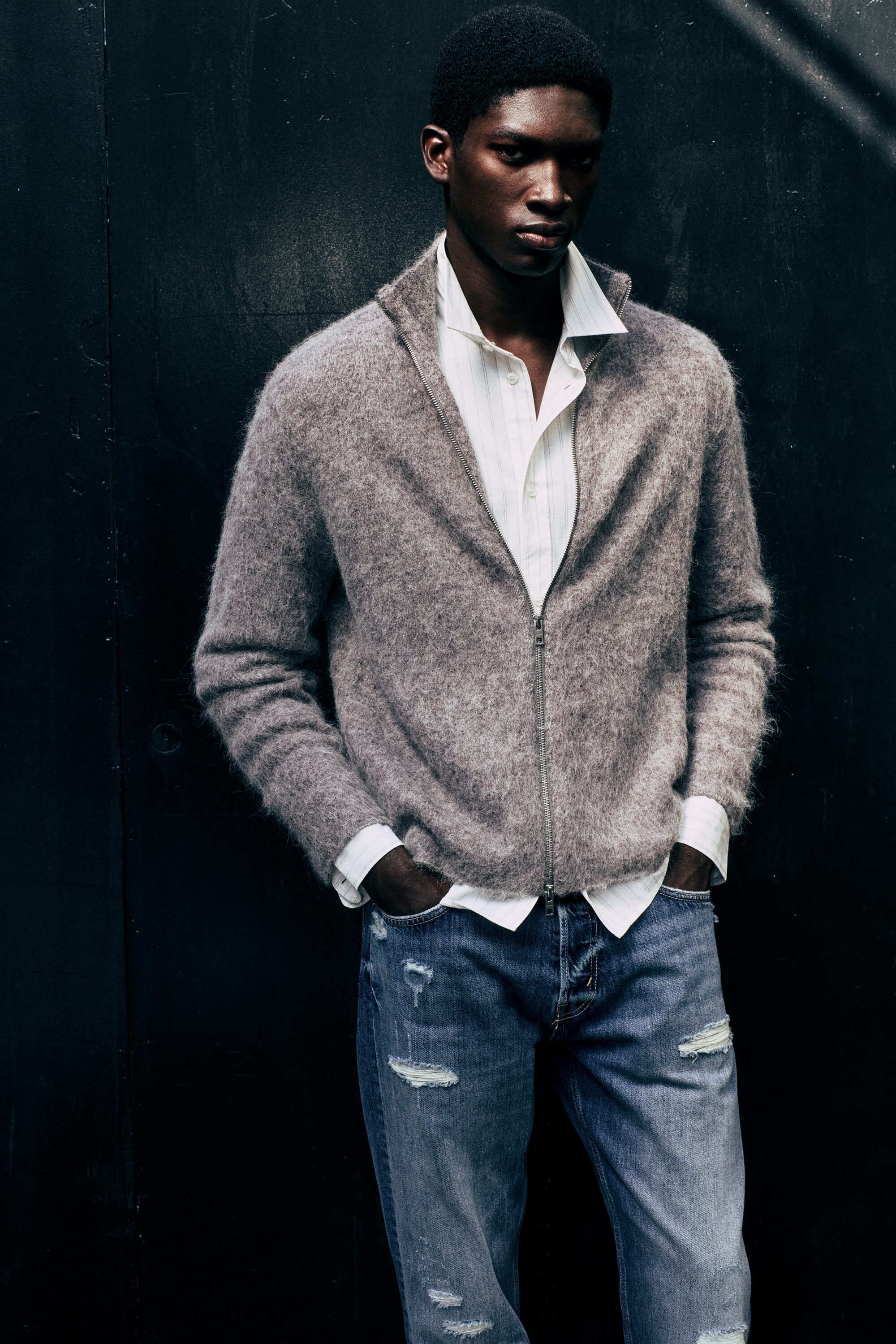 Relaxed Alpaca-Blend Zip Cardigan - Grey Mole/Dark Grey
