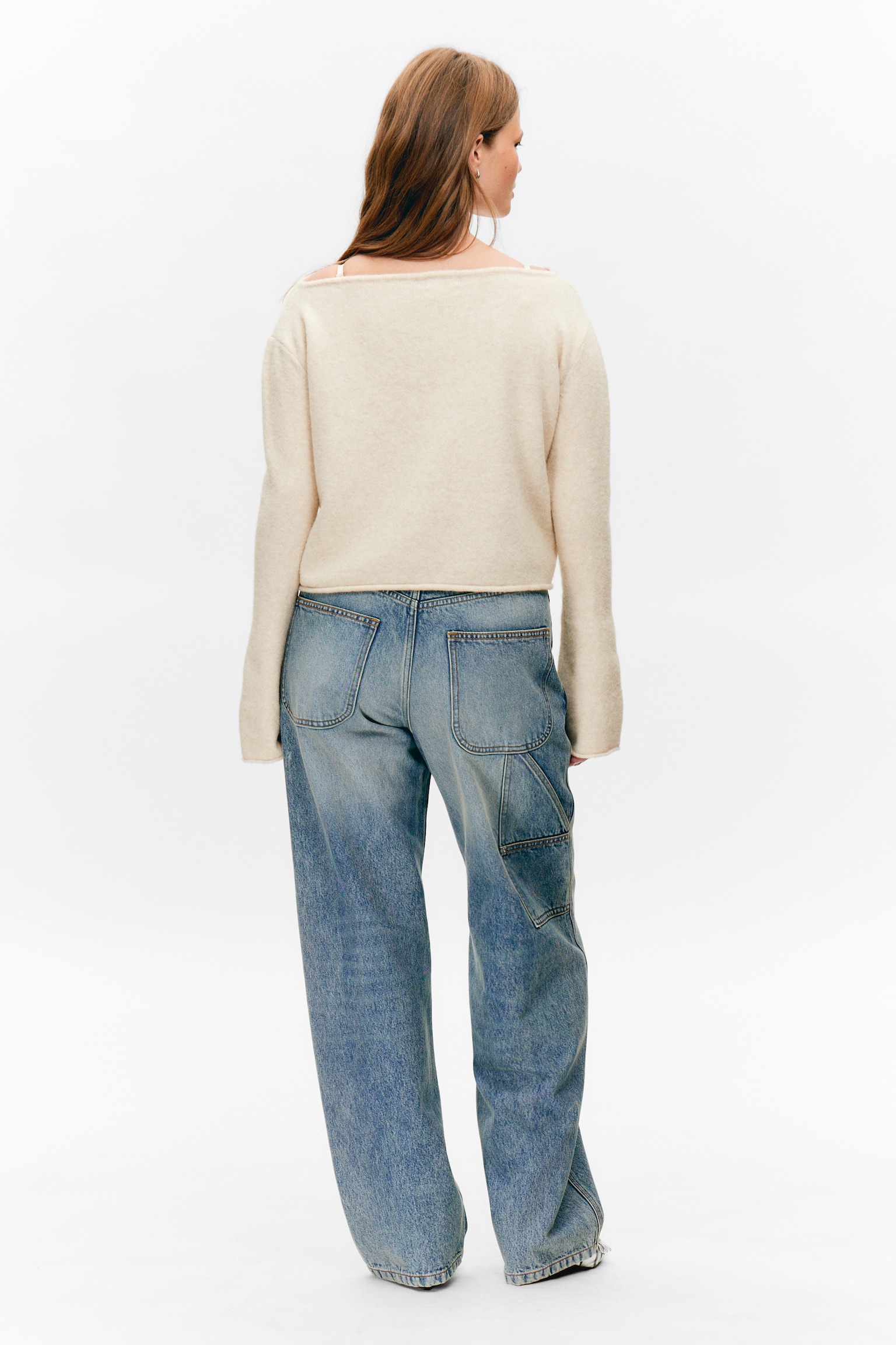 Soft Knit Boat-Neck Sweater - Light White/Dusty Blue/Dark Brown - 3