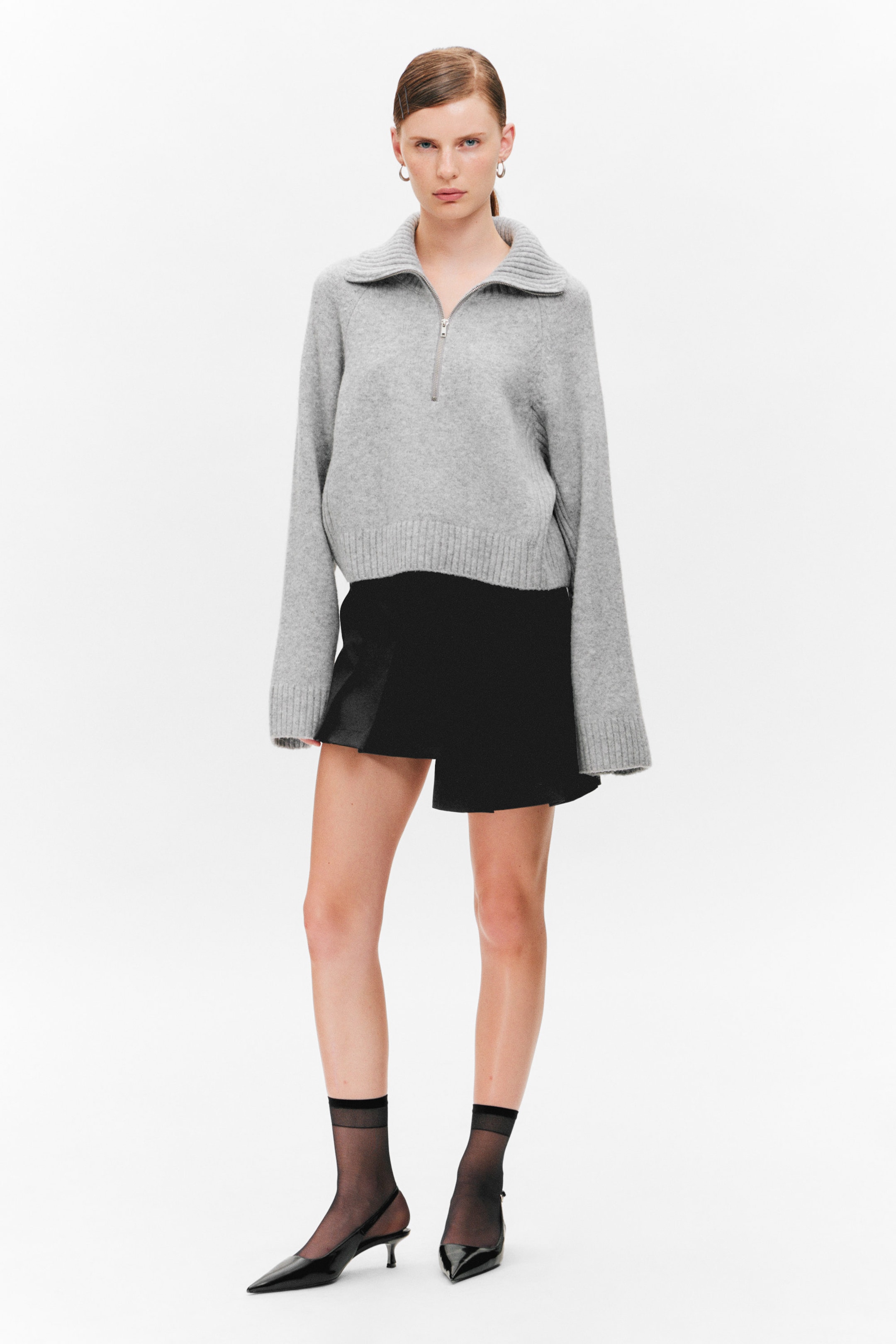 Dusty Light Grey Melange - Short Half-Zip Knitted Sweater - 2