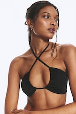 Black - Ruched Halter Bandeau Bikini Top - 1