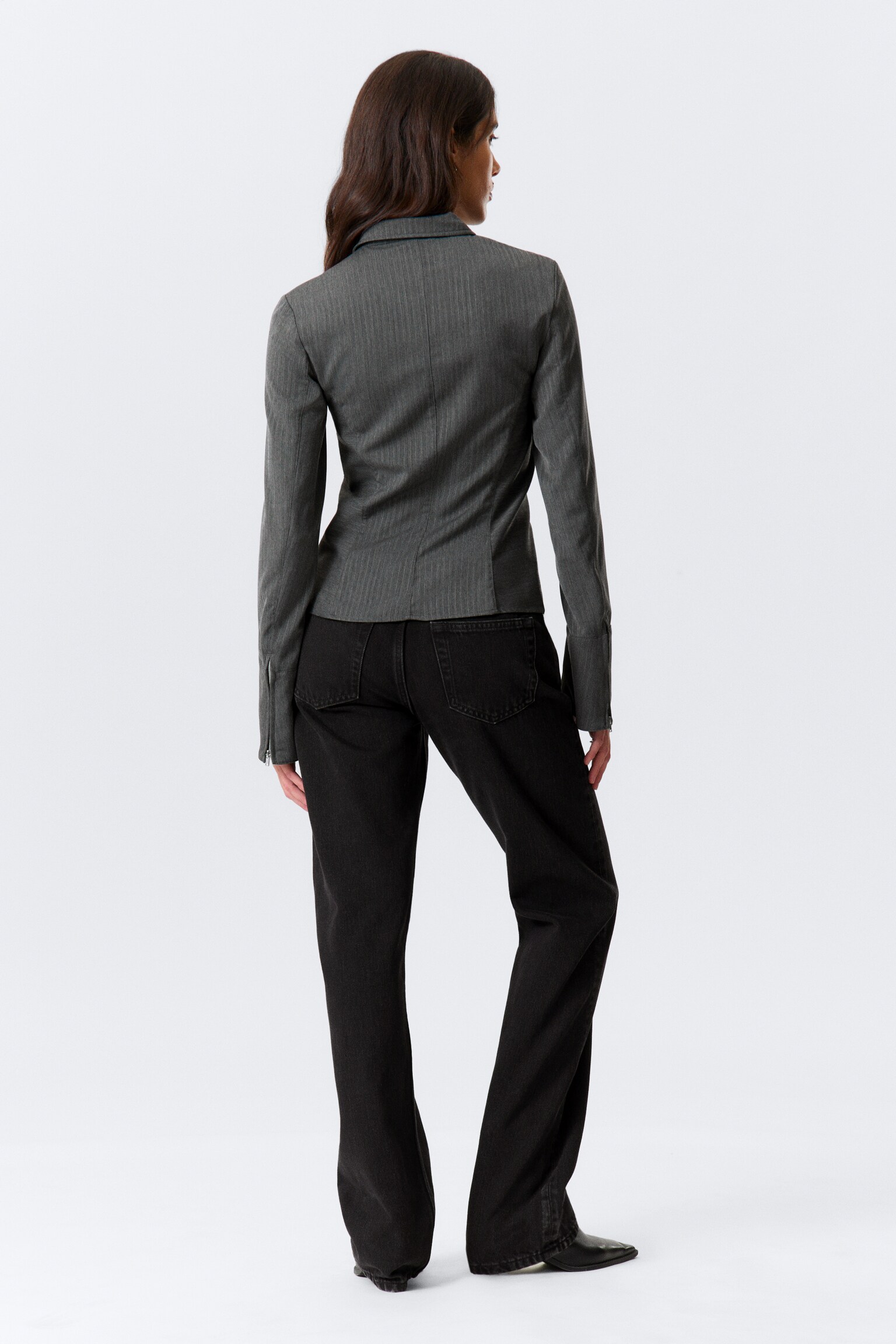 Long-Sleeved Fitted Zip Shirt - Striped Dark Grey Melange/White - 5