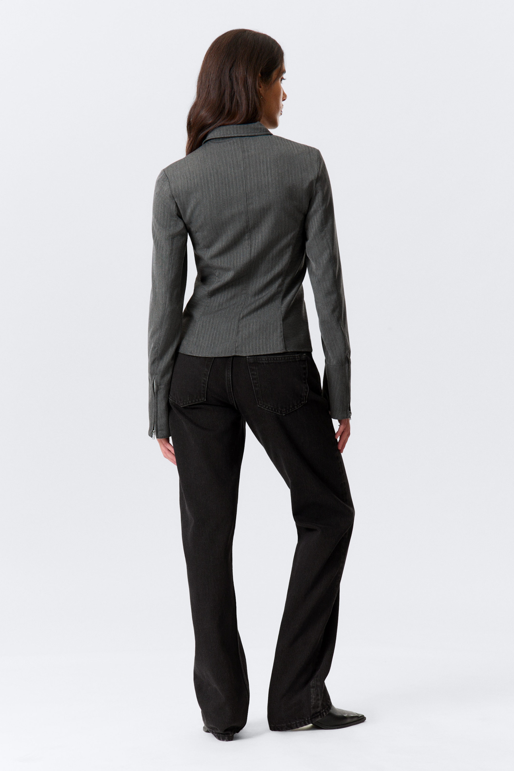 Striped Dark Grey Melange - Long-Sleeved Fitted Zip Shirt - 2