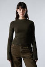 Striped Dark Khaki Green - Long Sleeve Cotton Top - 0