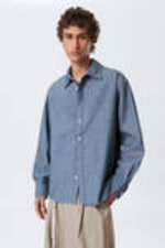 Blue - Oversized Long-Sleeved Denim Shirt - 0