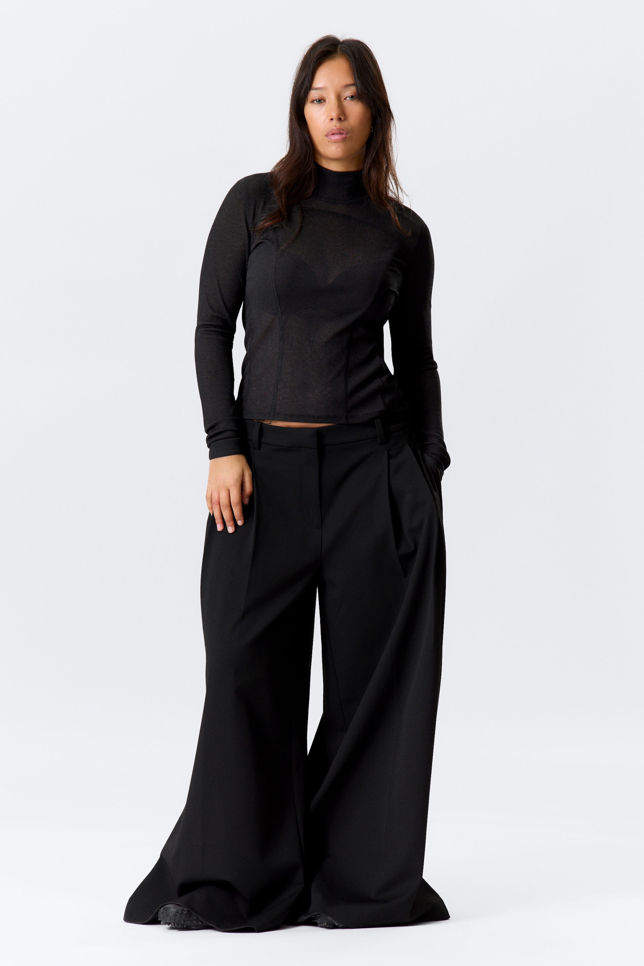 Black - Long-Sleeved Mesh Mock-Neck Top - 2