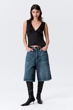 Black - Sleeveless V-neck Satin Top - 2