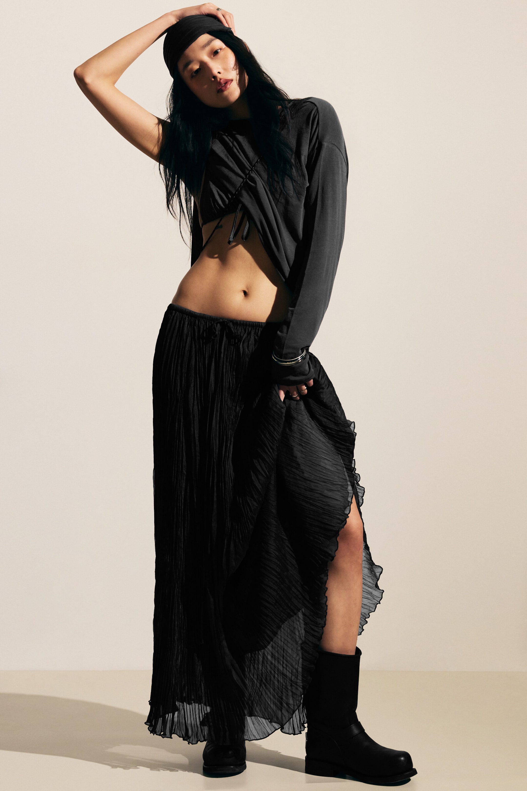 Dark Grey - Crinkled Maxi Skirt - 1