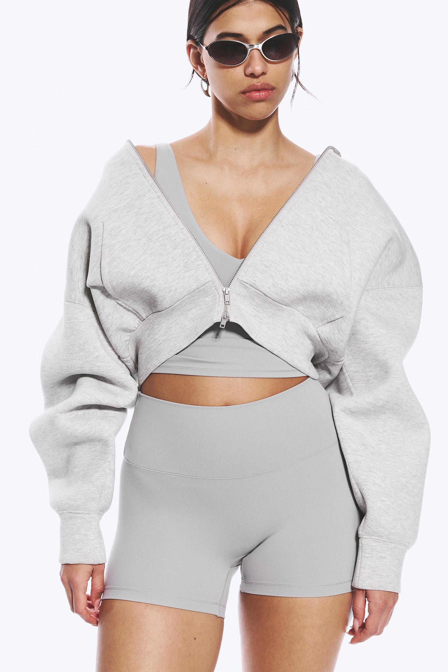 Krótkie legginsy sportowe z wysokim stanem - Jasnoszary/Czarny/Biały - 5