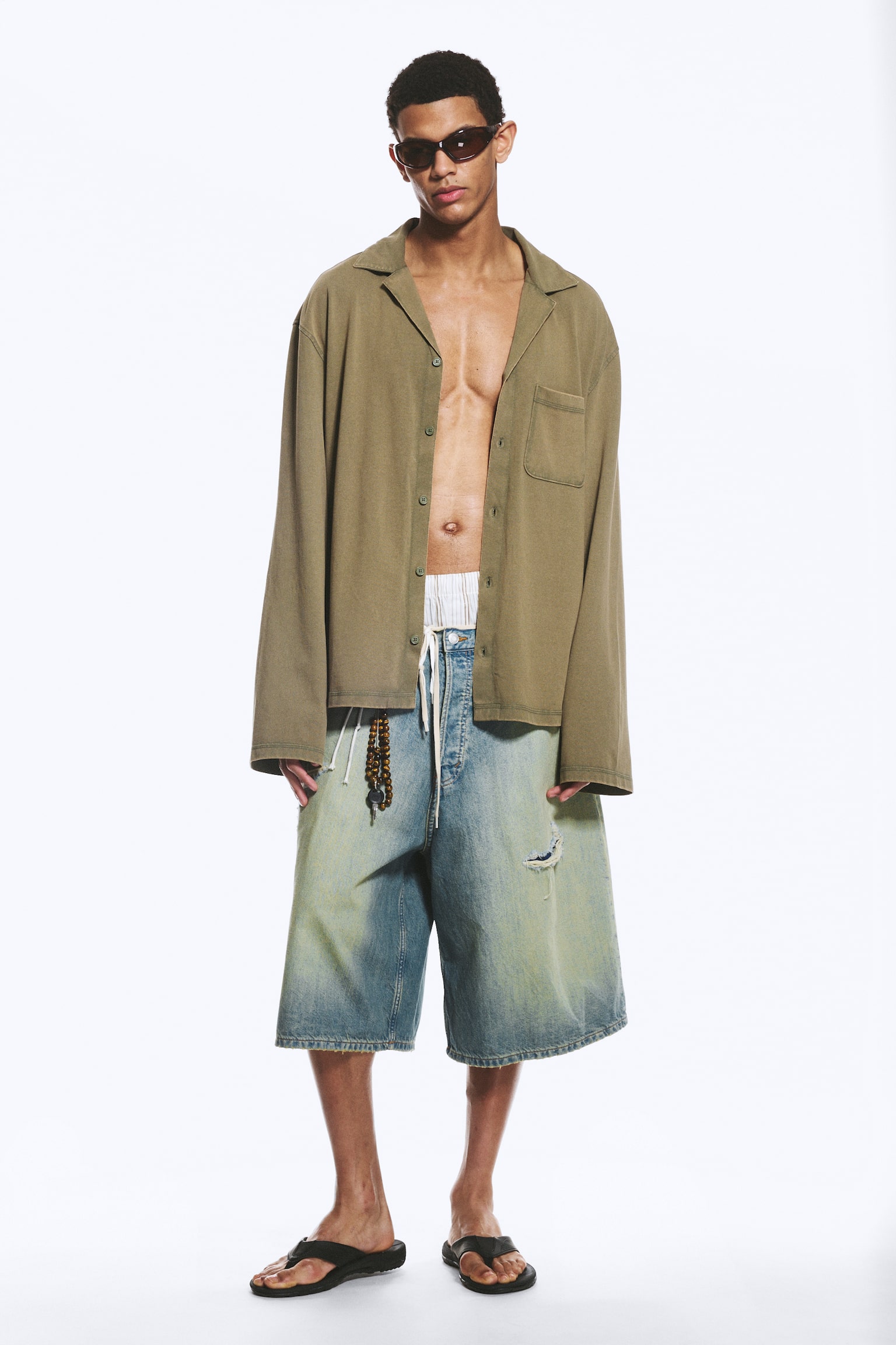 Pyjamasskjorte i bomull - Medium Støvet Kakigrønn/Lys støvet grå - 1