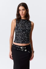 Black Polka Dot Spray - Sleeveless Printed Mesh Top - 0