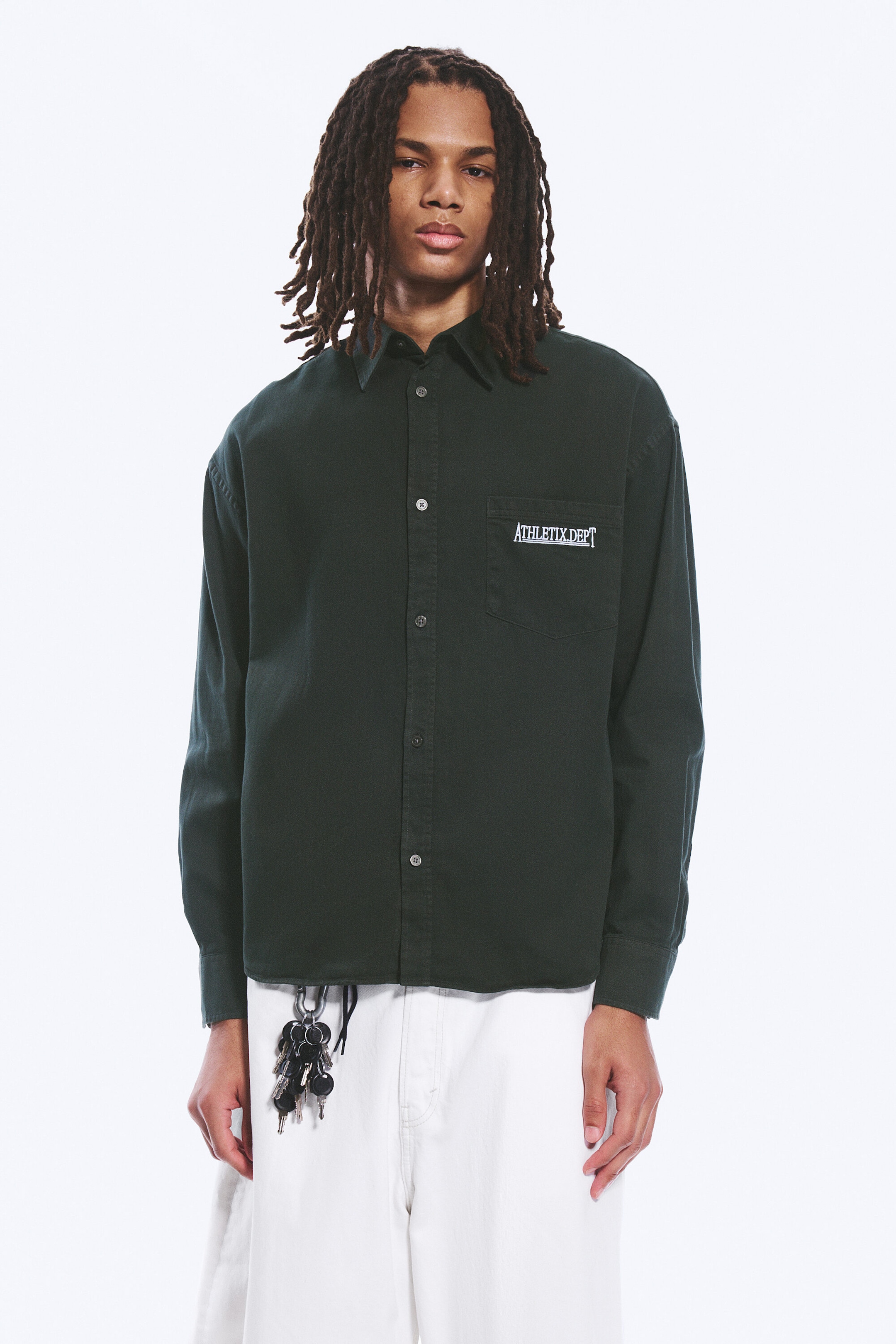 Dark Green - Embroidered Oversized Cotton Shirt - 1