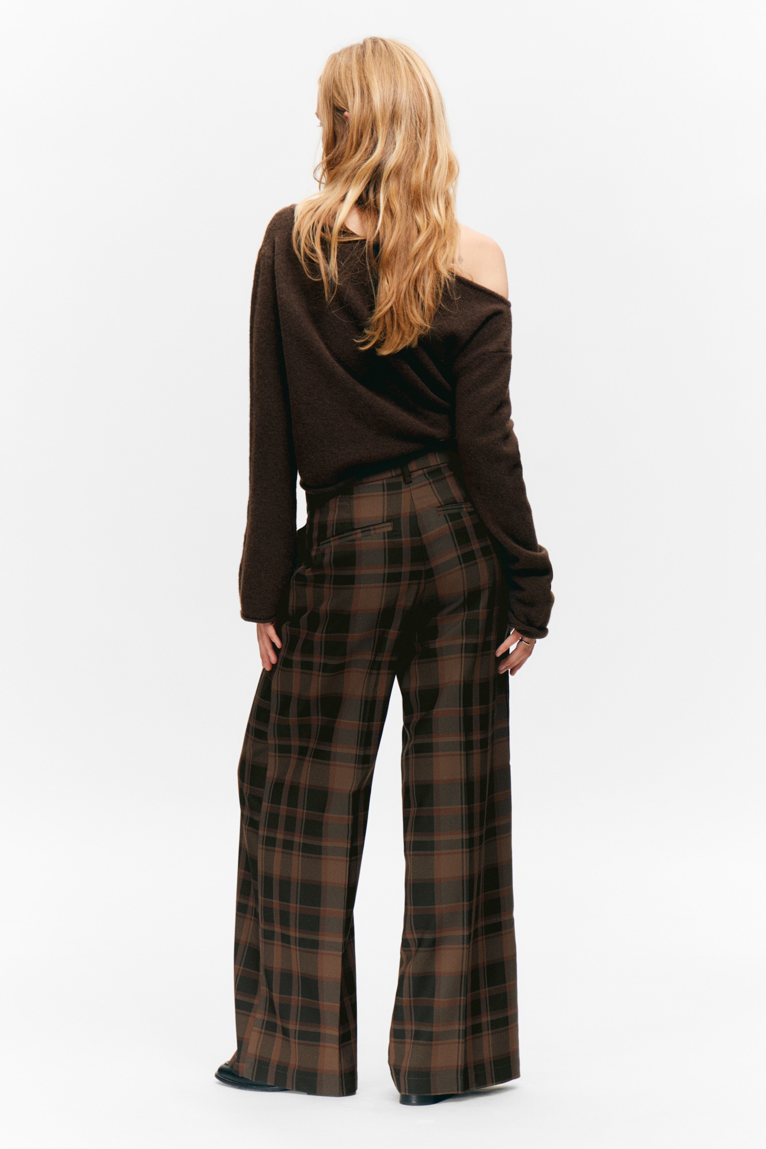 High Waisted Wide Leg Suiting Trousers - Checked Brown/Pinstriped Dark Grey - 6