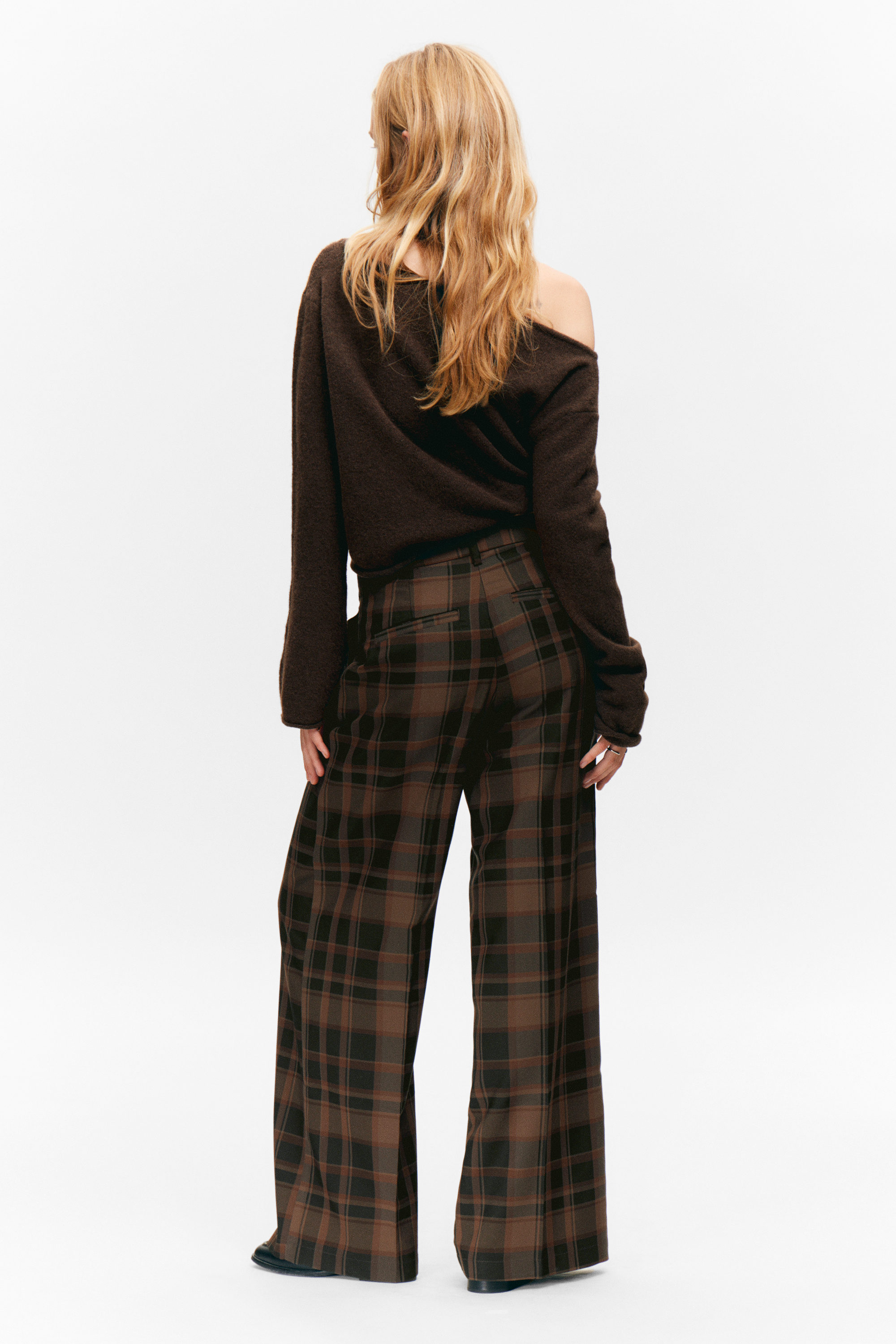 Braun kariert - Anzughose mit hohem Bund und weitem Bein - 3