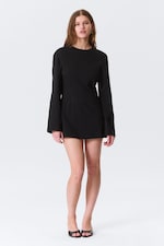Black - Long-Sleeved Cotton Mini Dress - 1