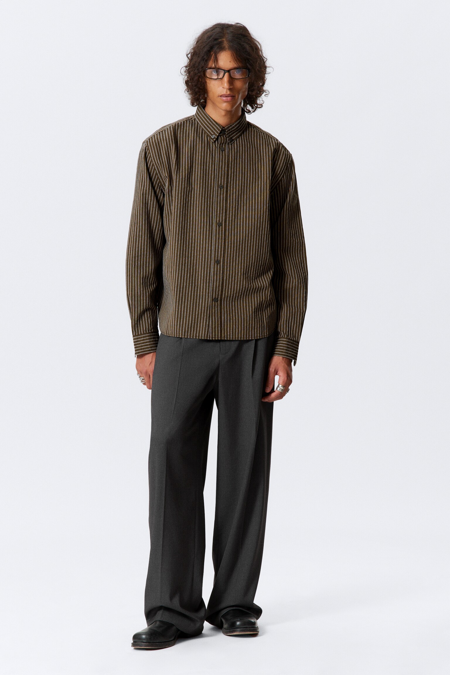 Relaxed Striped Button-down Shirt - Striped Brown - 4