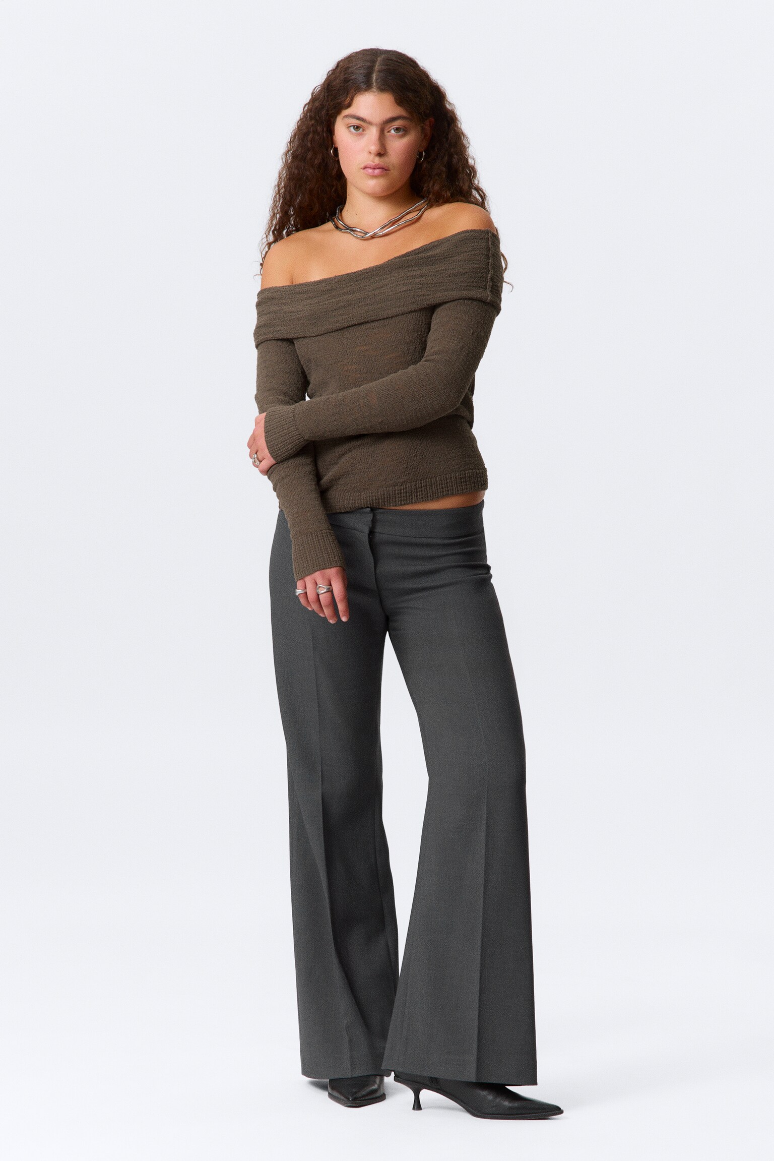 Off-Shoulder Knitted Sweater - Dark Brown/Black - 4