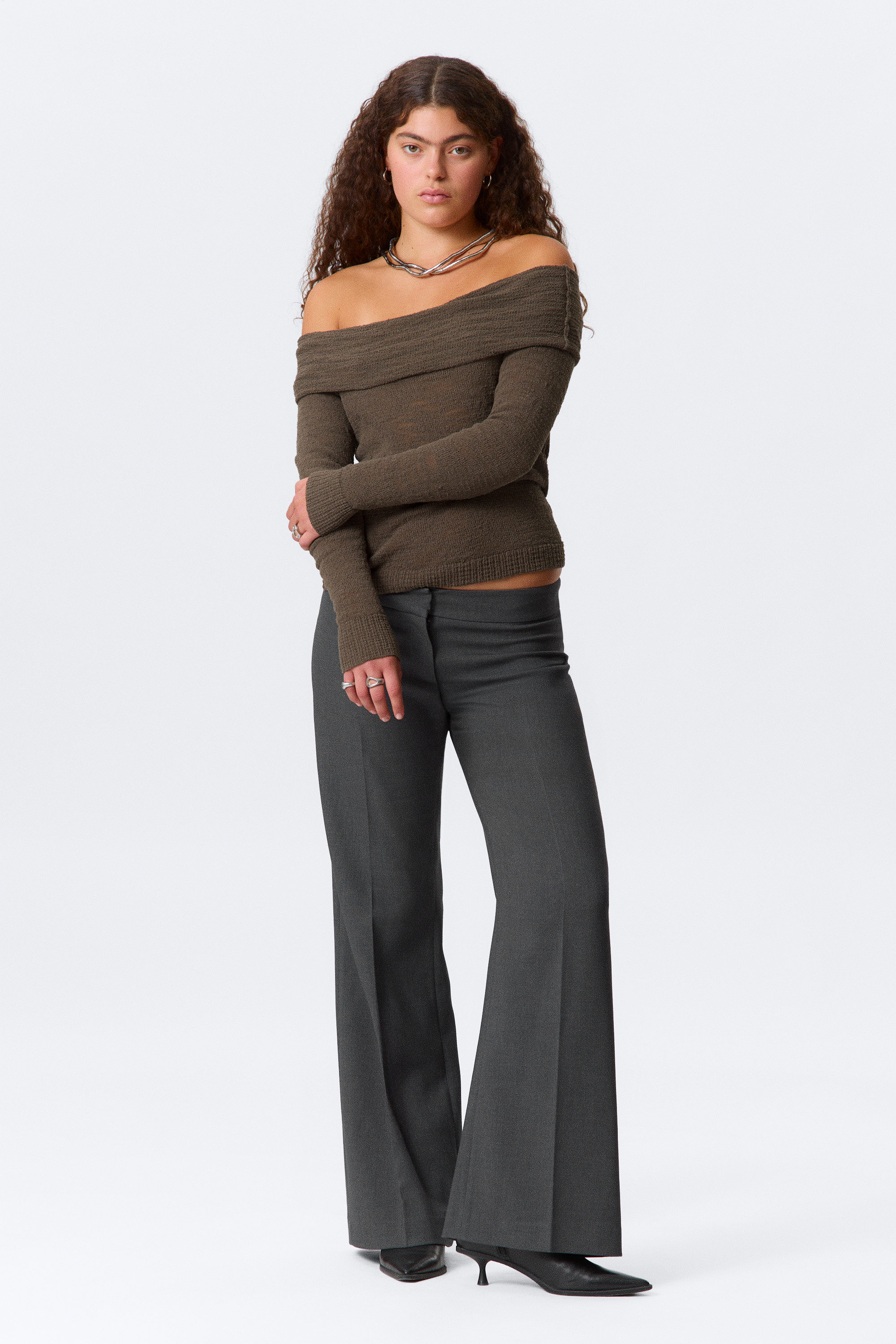Dark Brown - Off-Shoulder Knitted Sweater - 2