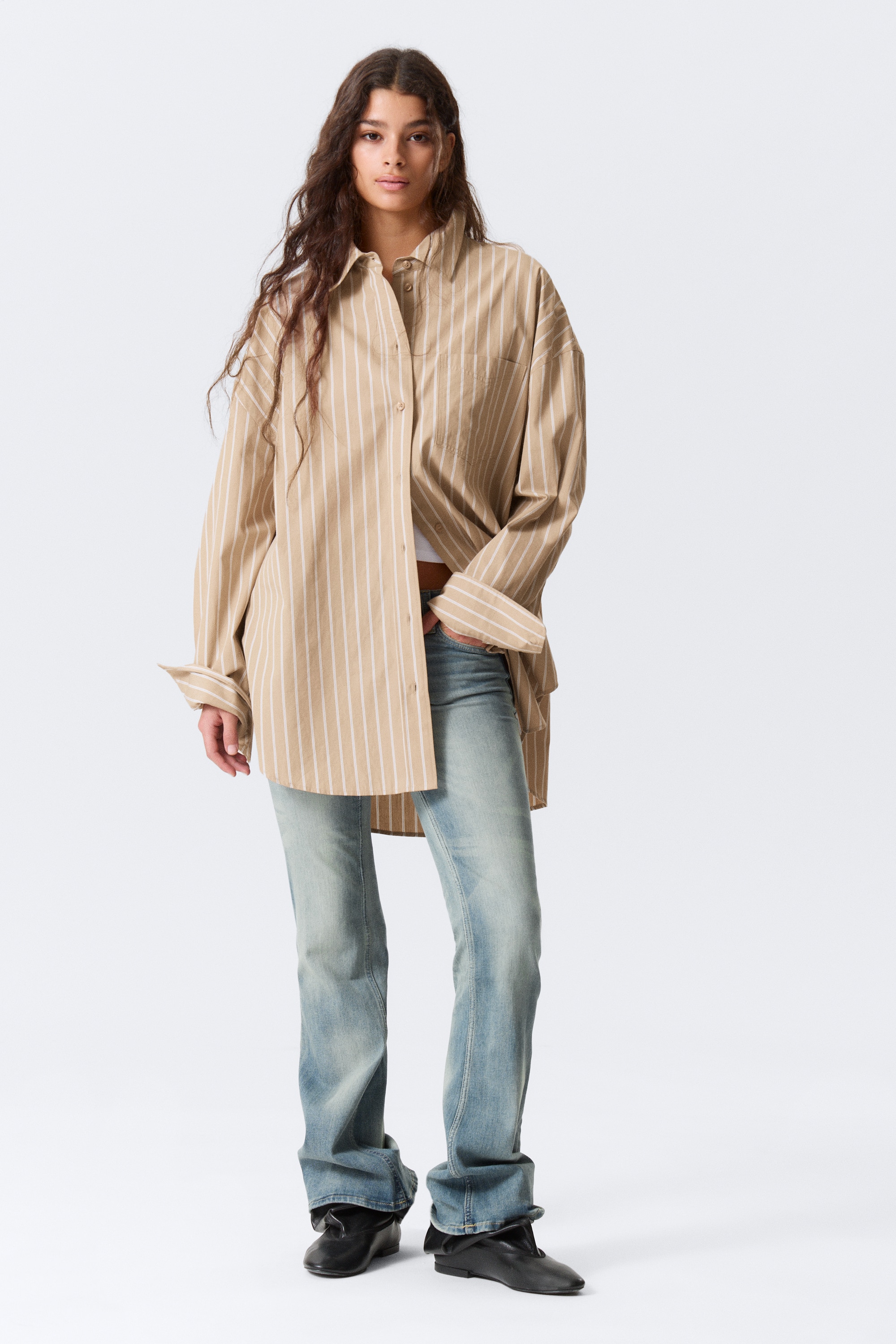 Oversized Long-Sleeved Shirt - Striped Beige/Light Yellow - Dot