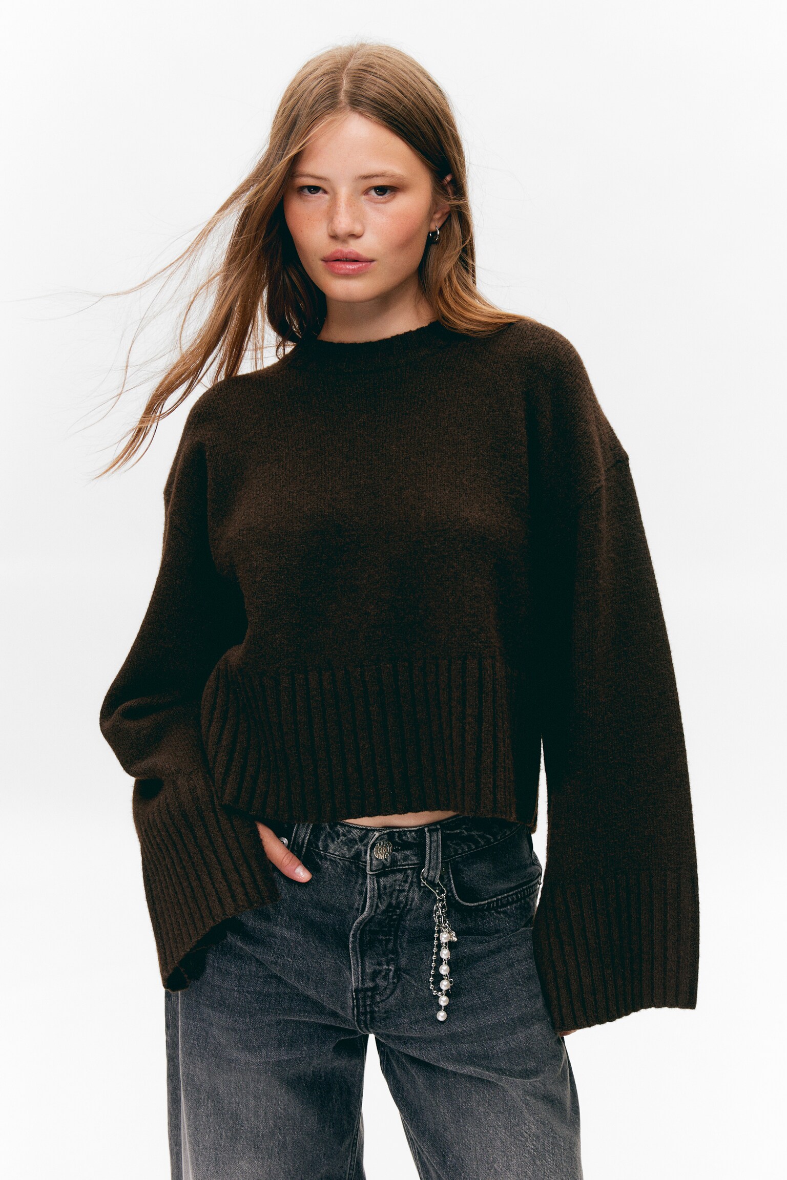 Knitted Oversized Sweater - Dark Brown/Dusty White/Light Dusty Pink - 5