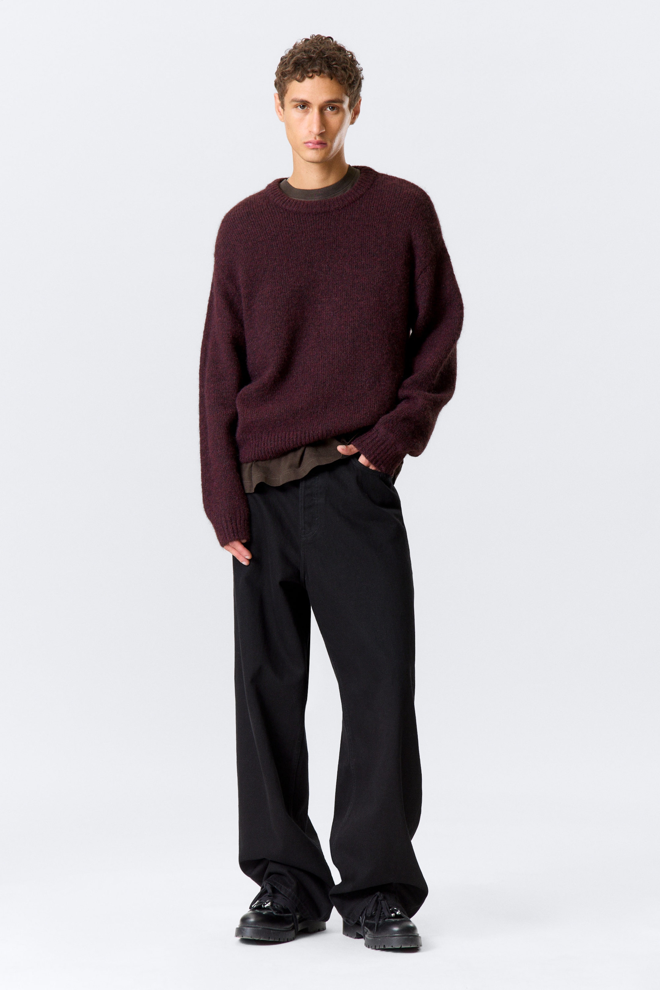 Dark Red Melange - Regular Knitted Wool-Blend Sweater - 2