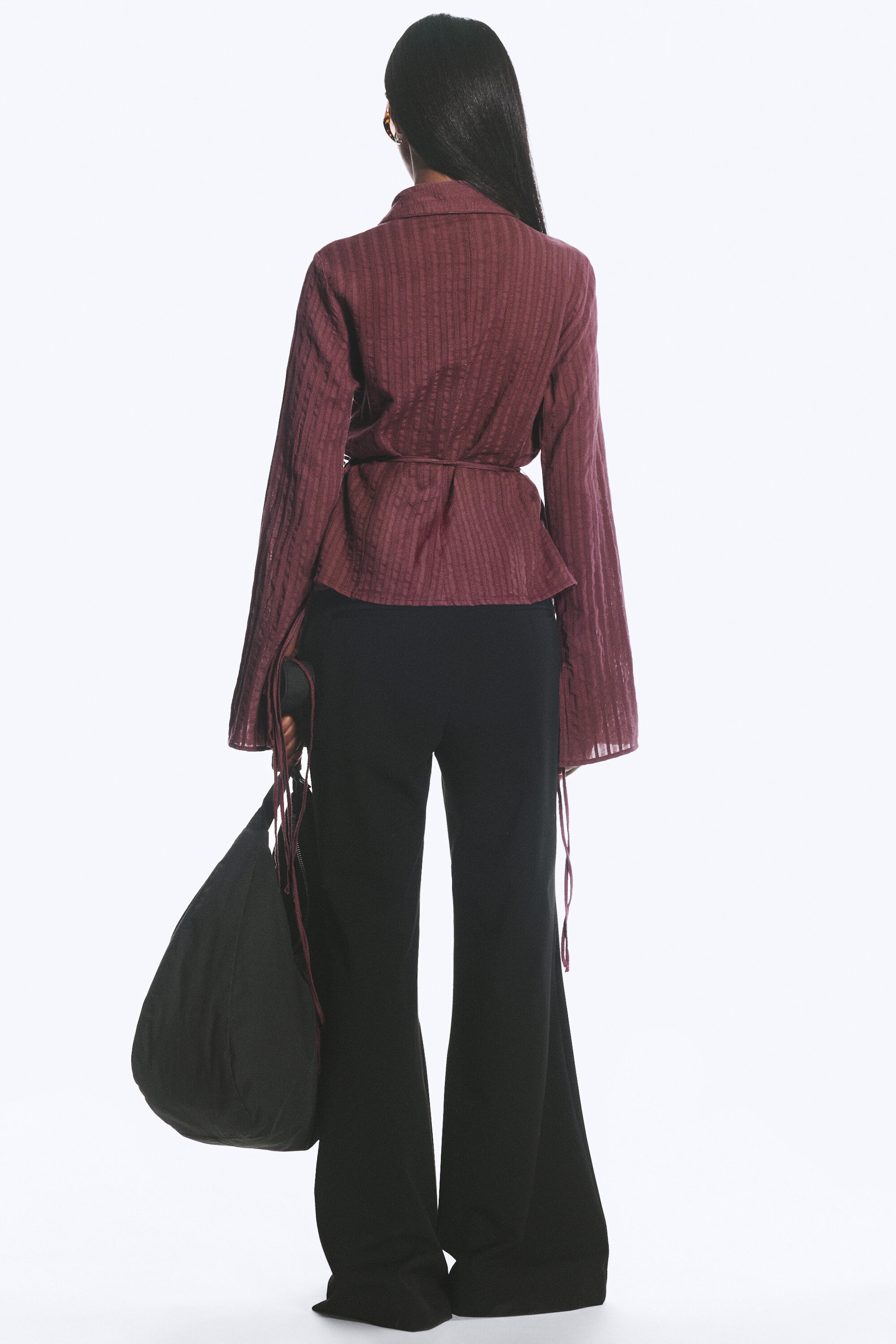 Striped Dark Purple - Tie‑Detail Cotton Shirt - 3