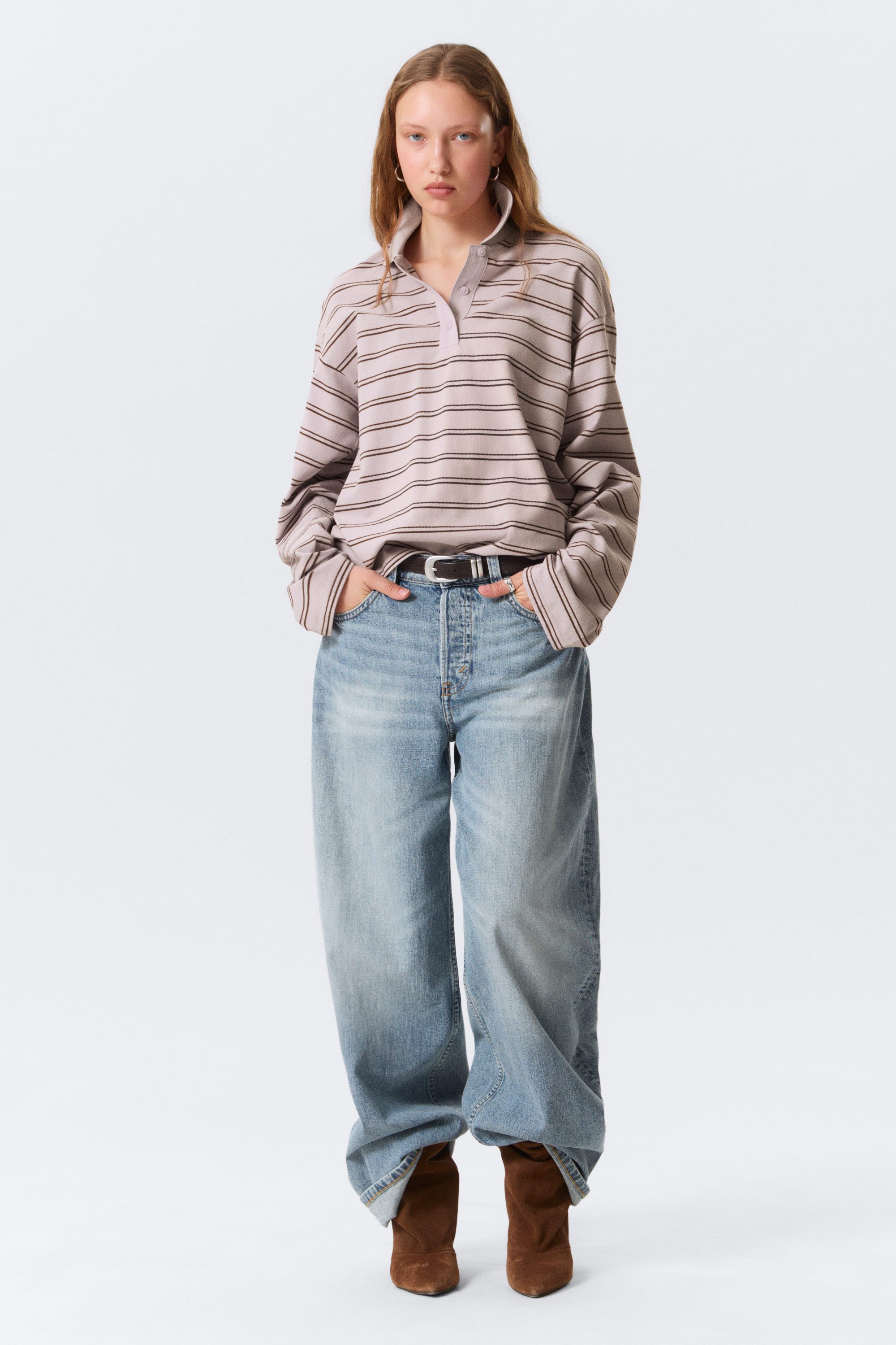 Striped Light Pink - Long-Sleeved Cotton Polo Top - 2