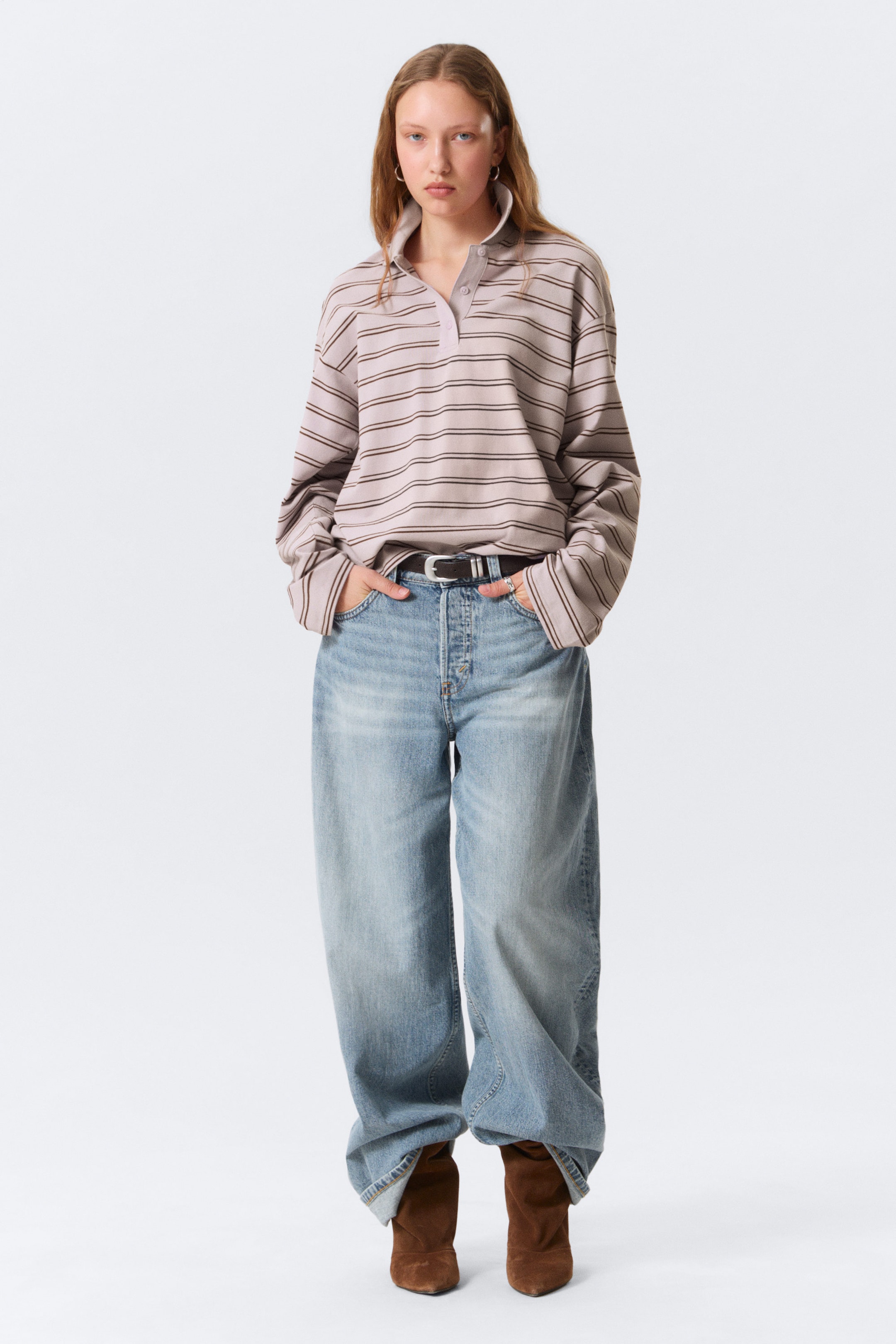 Striped Light Pink - Long-Sleeved Cotton Polo Top - 1