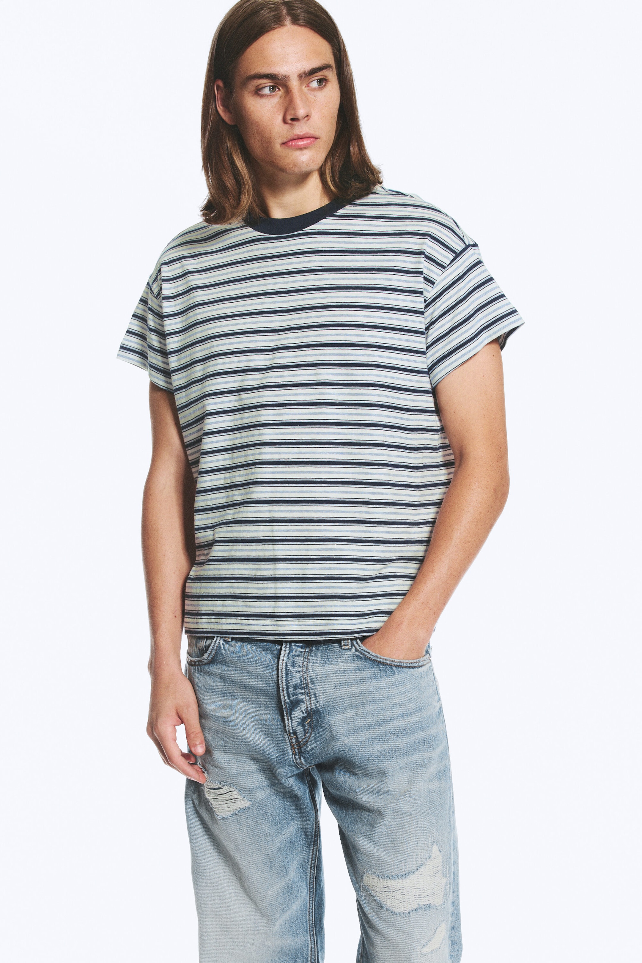 Striped Blue - Cap-Sleeved Boxy Cotton T-shirt - 1