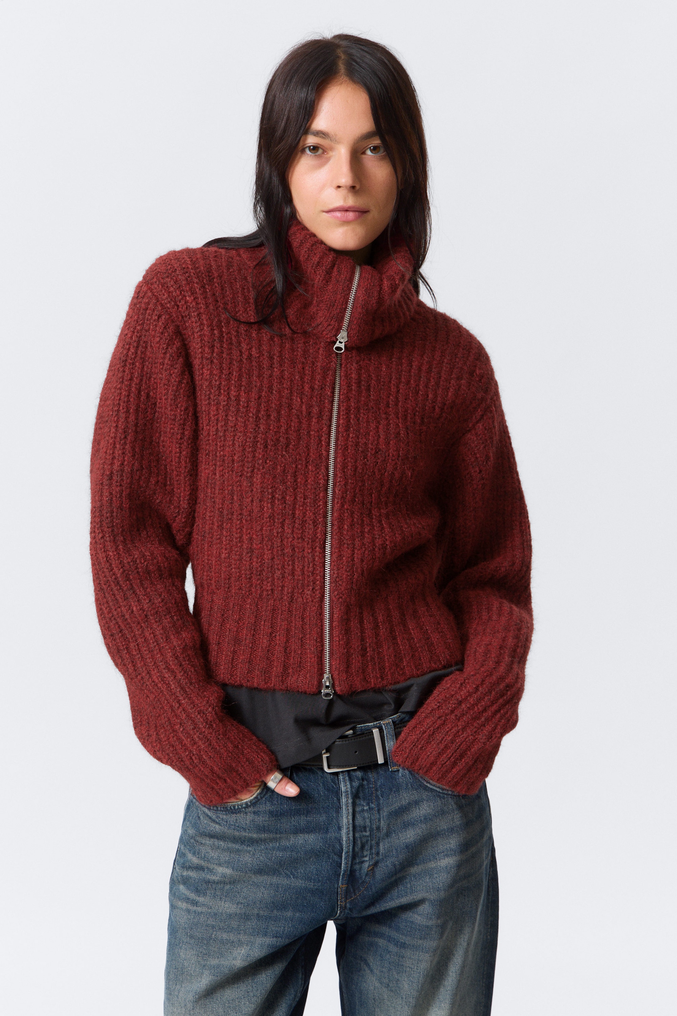 Dark Red Melange - Ribbed Zip-Up Knit Cardigan - 1